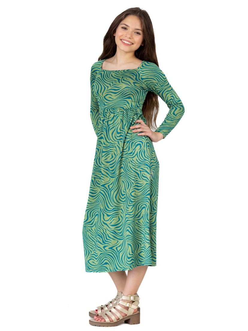 Girls Green Print Long Sleeve Maxi Dress