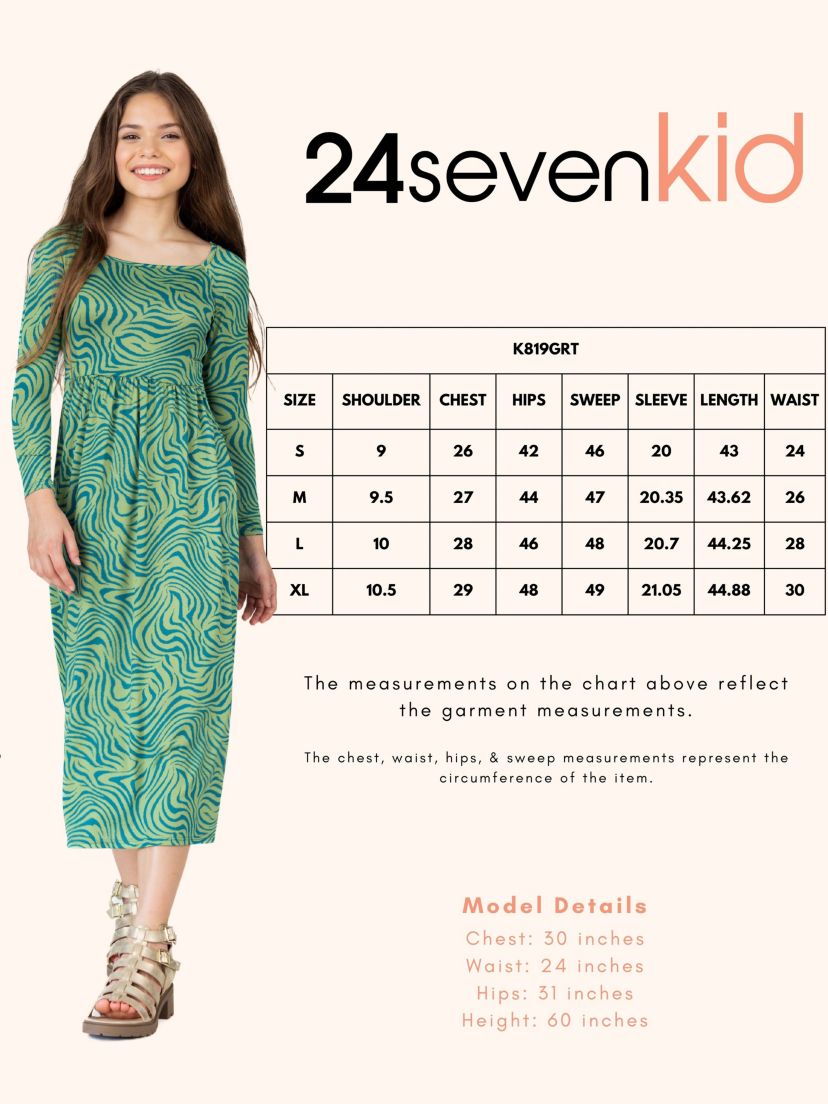 Girls Green Print Long Sleeve Maxi Dress