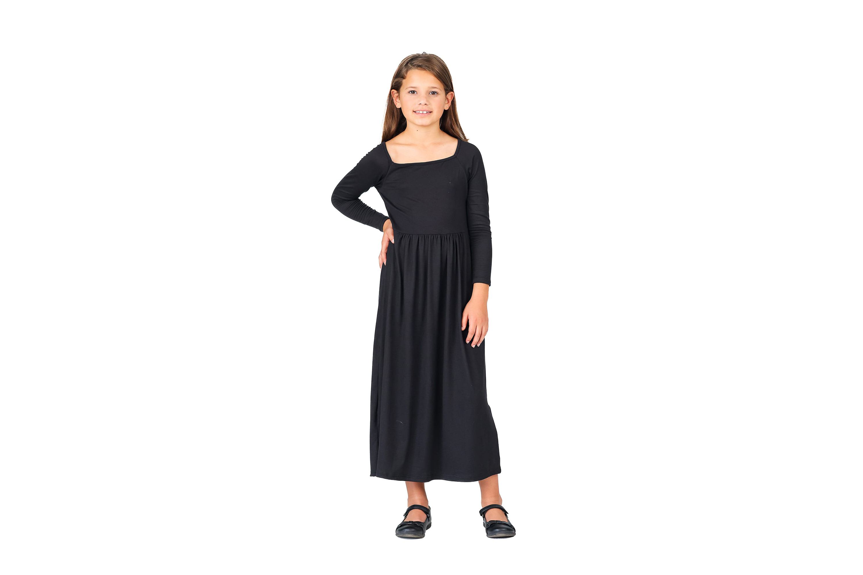 Girls Long Sleeve Pleated Maxi Dress Solid Color