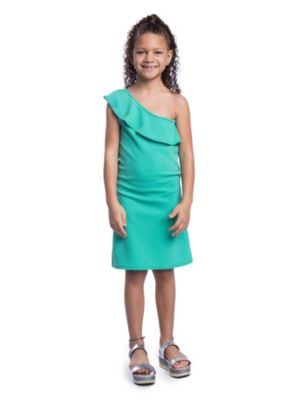 Girls Solid Color One Shoulder Ruffle Knee Length Dress