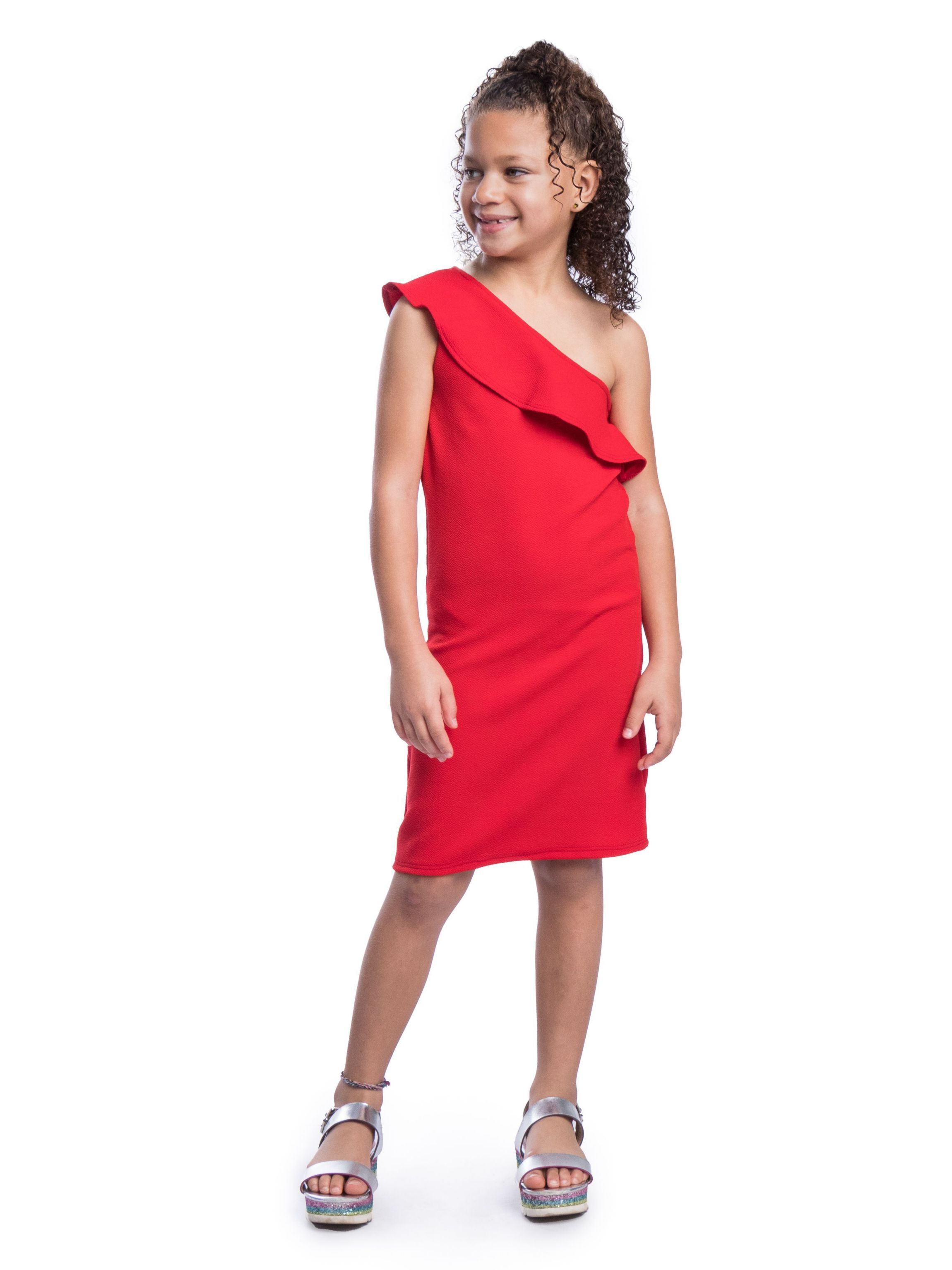 Girls Solid Color One Shoulder Ruffle Knee Length Dress