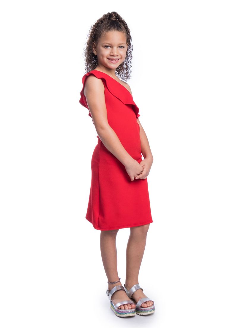 Girls Solid Color One Shoulder Ruffle Knee Length Dress
