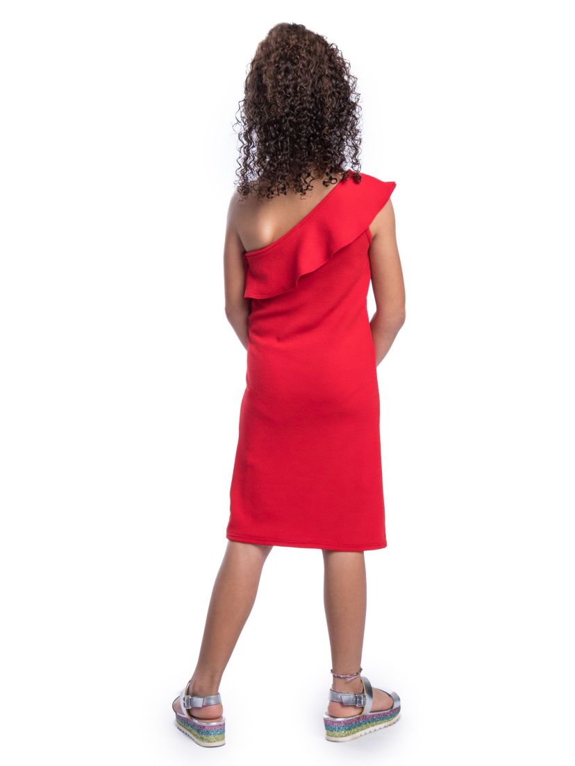 Girls Solid Color One Shoulder Ruffle Knee Length Dress