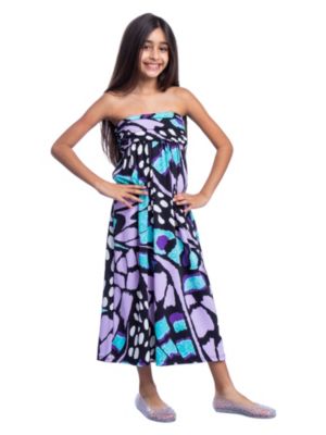 24seven Comfort Apparel Girls Purple Butterfly Print Strapless Tube Maxi Dress, Blue, XL