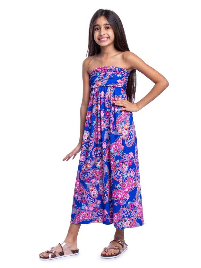 Girls Blue Paisley Print Strapless Tube Maxi Dress