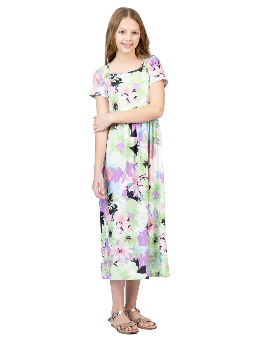 Girls Pastel Floral Print Short Sleeve Maxi Dress