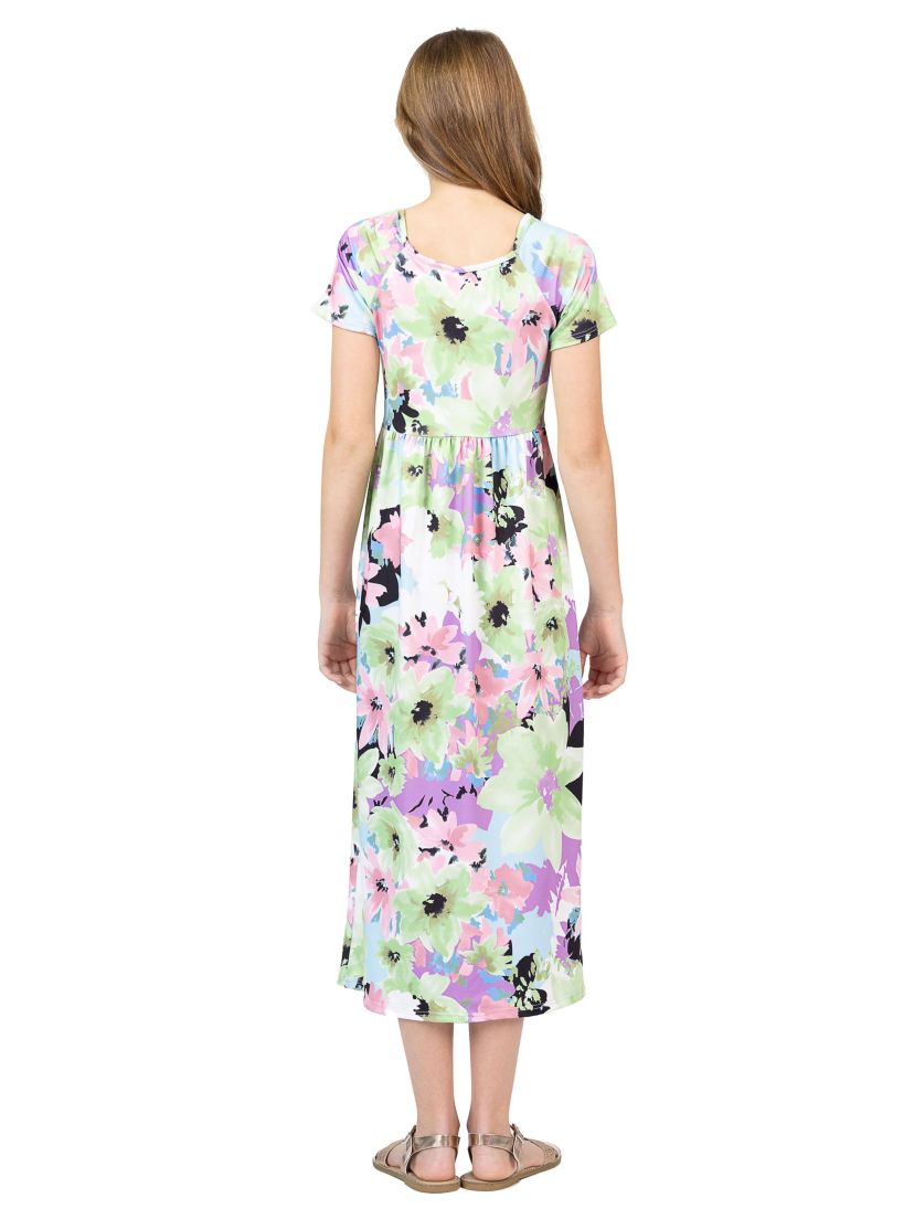 Girls Pastel Floral Print Short Sleeve Maxi Dress