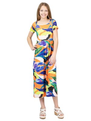 24seven Comfort Apparel Girls Bright Floral Print Short Sleeve Maxi Dress, Orange, XL