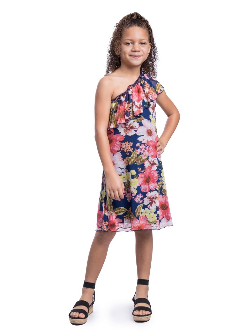 Girls Blue Floral One Shoulder Ruffle Knee Length Dress
