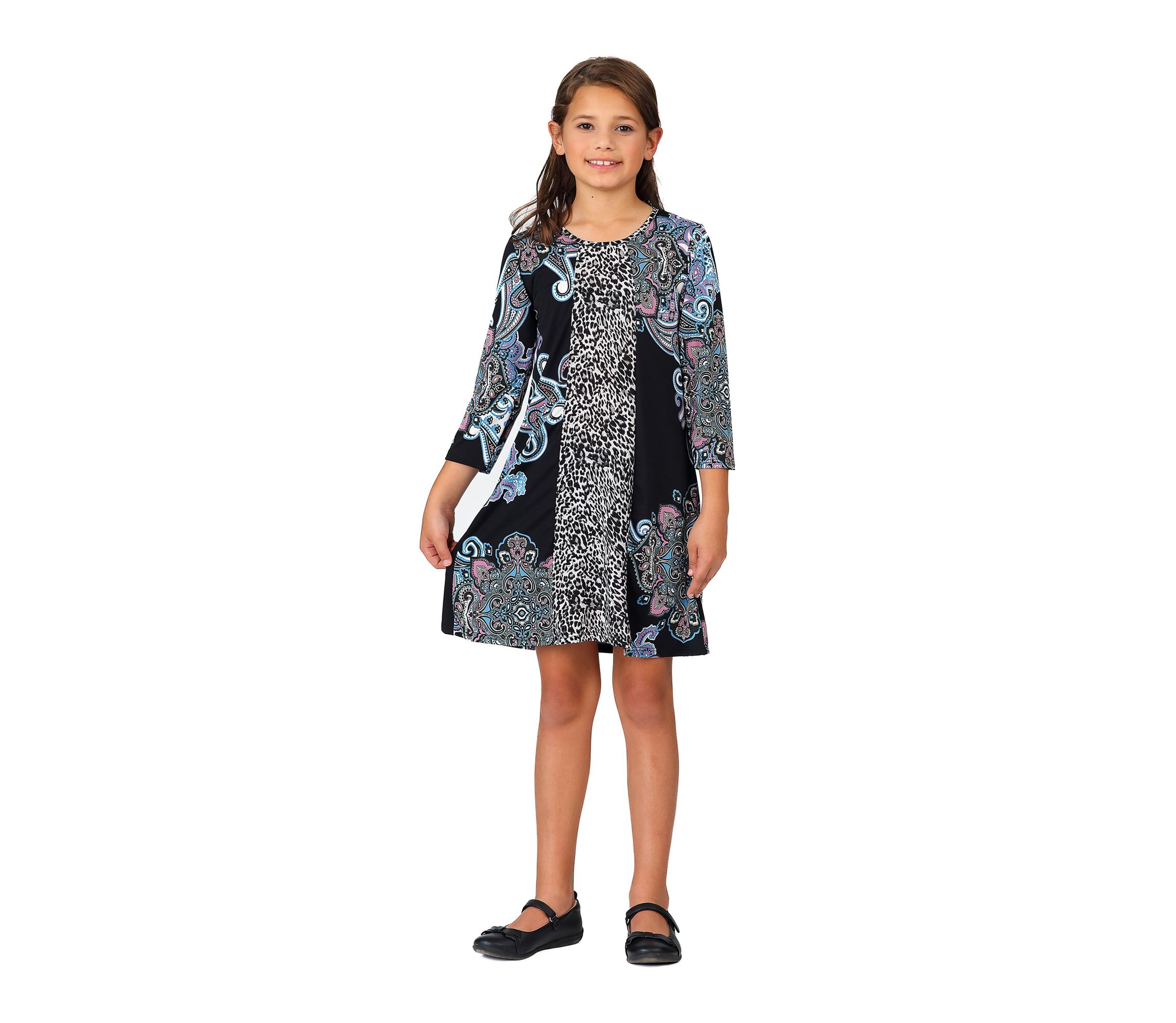 Girls Black Multiprint Knee Length Dress