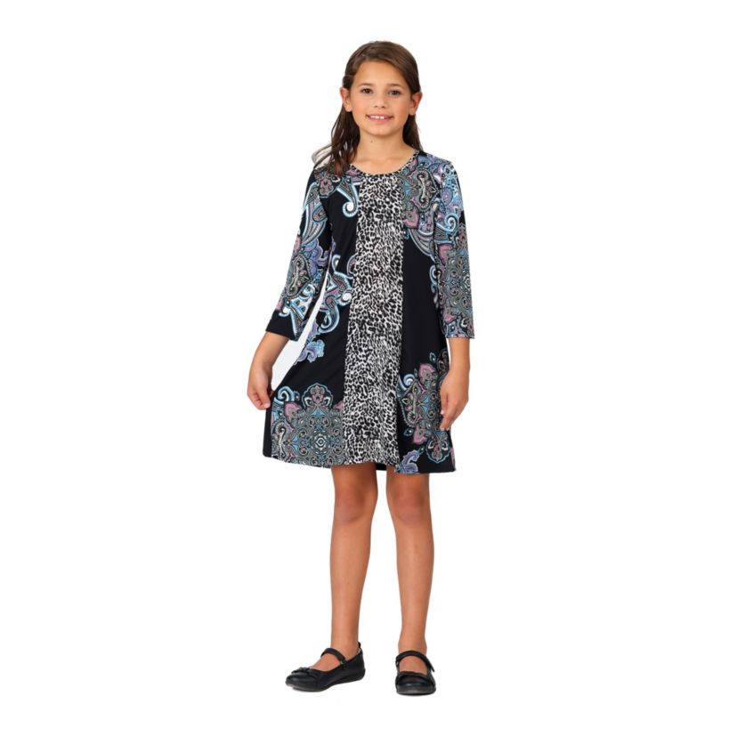 Girls Black Multiprint Knee Length Dress
