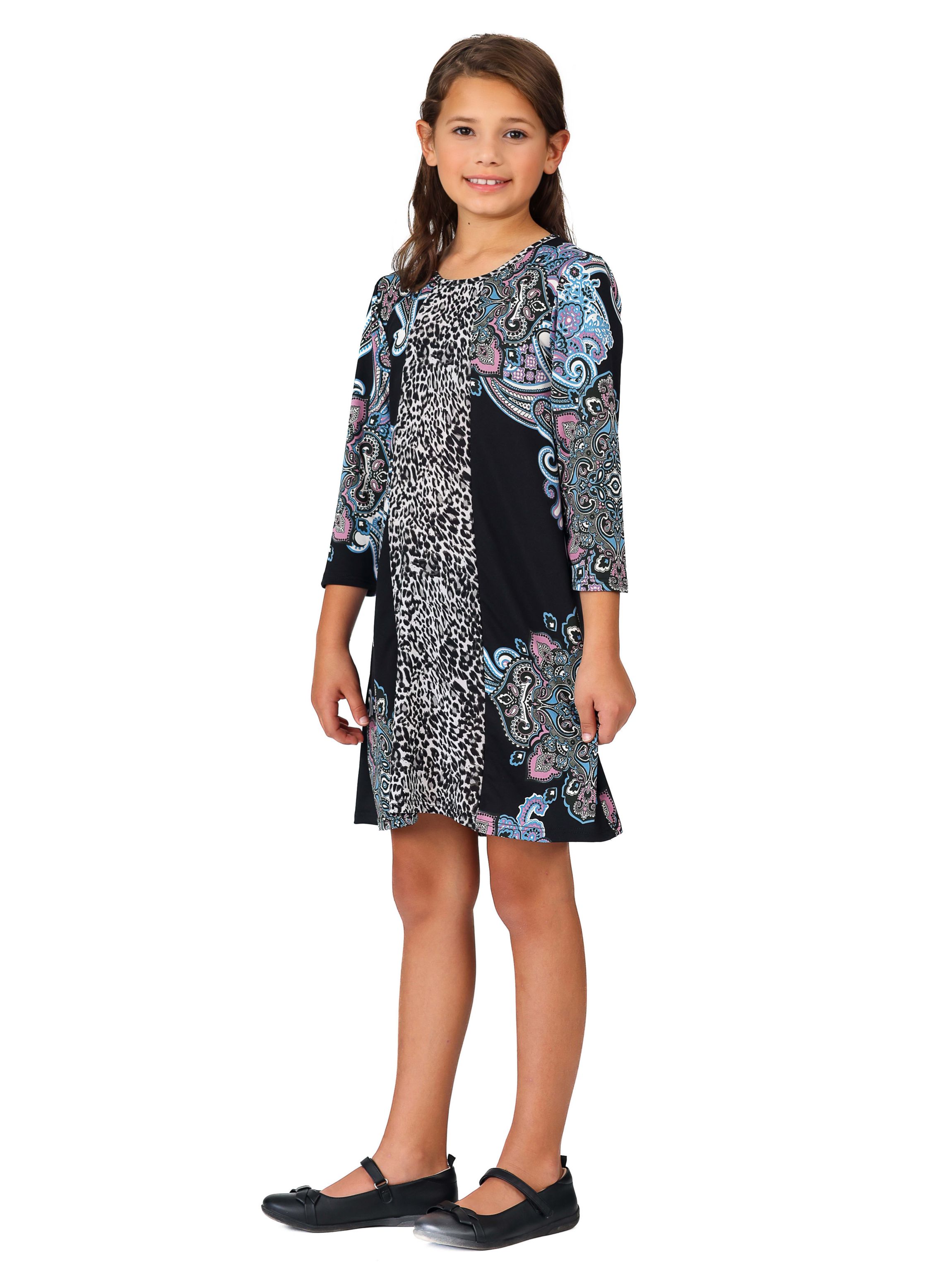 Girls Black Multiprint Knee Length Dress