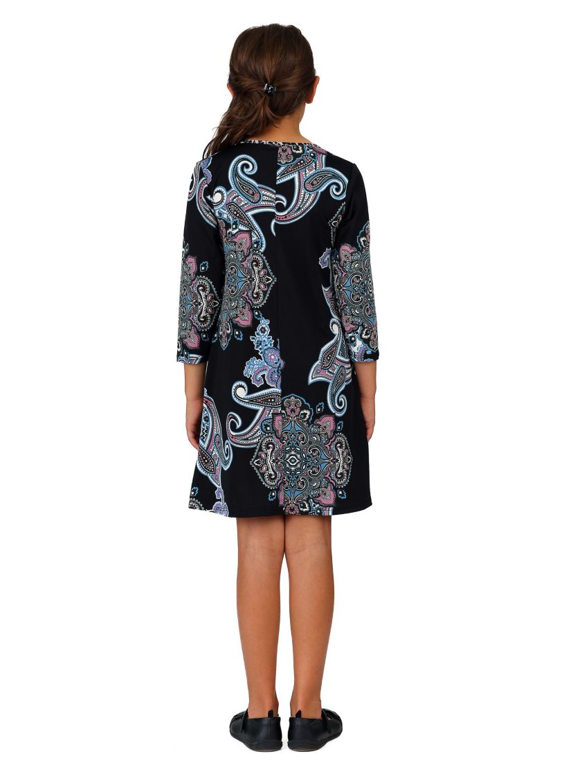 Girls Black Multiprint Knee Length Dress