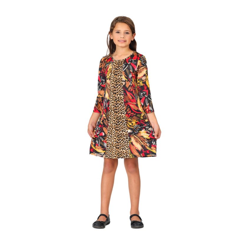 Girls Red Multiprint Knee Length Dress