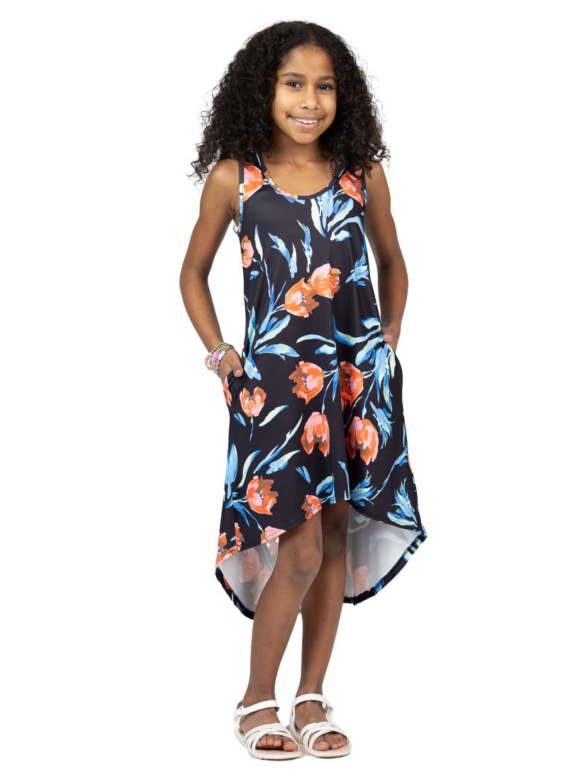 Girls Black Floral High Low Sleeveless Pocket Dress