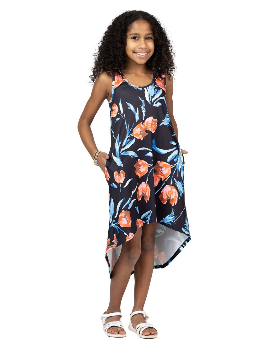 Girls Black Floral High Low Sleeveless Pocket Dress