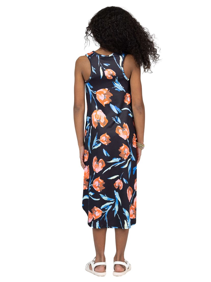 Girls Black Floral High Low Sleeveless Pocket Dress