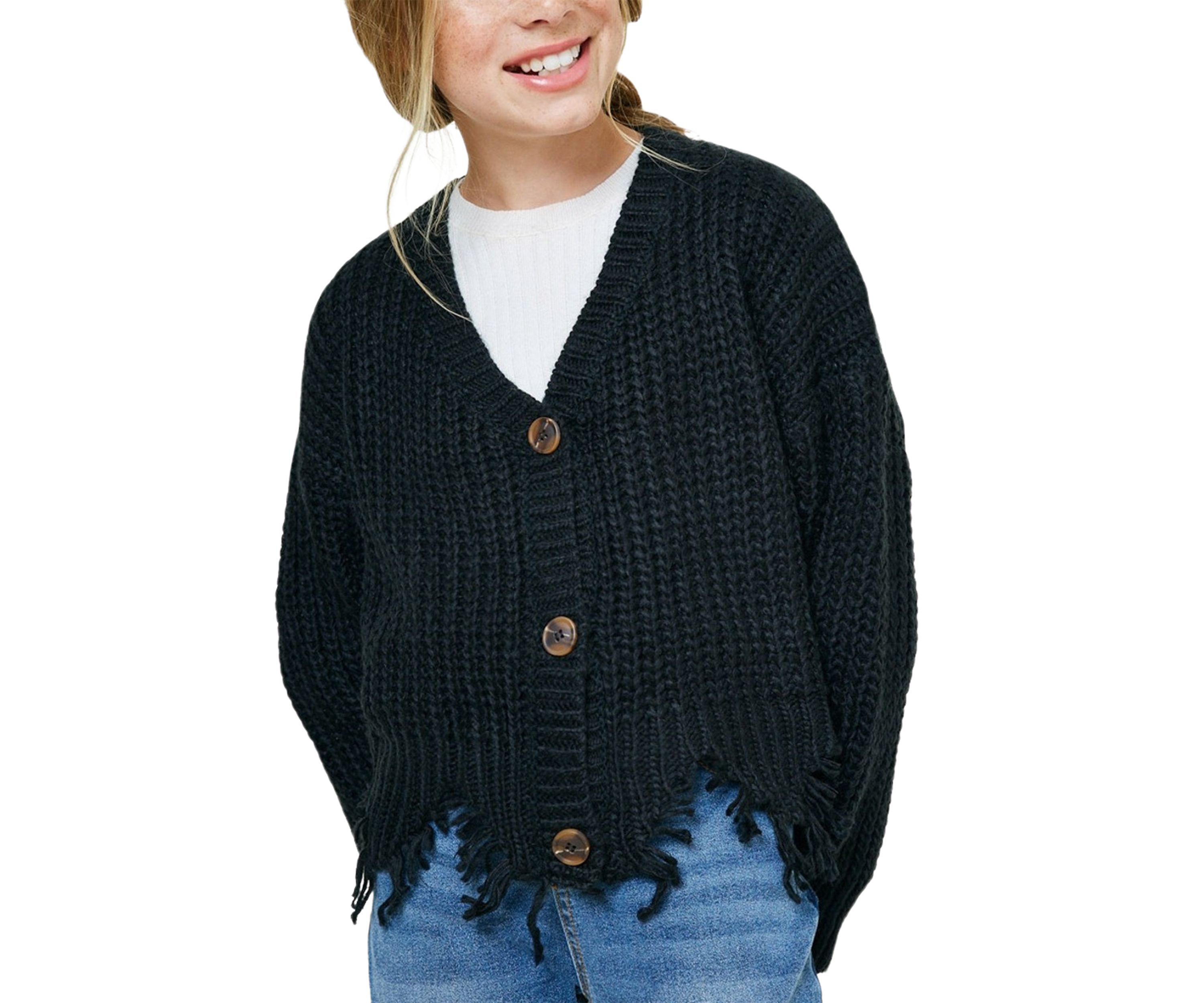 Girls 7-16 Cardigan with Destroyed Hem