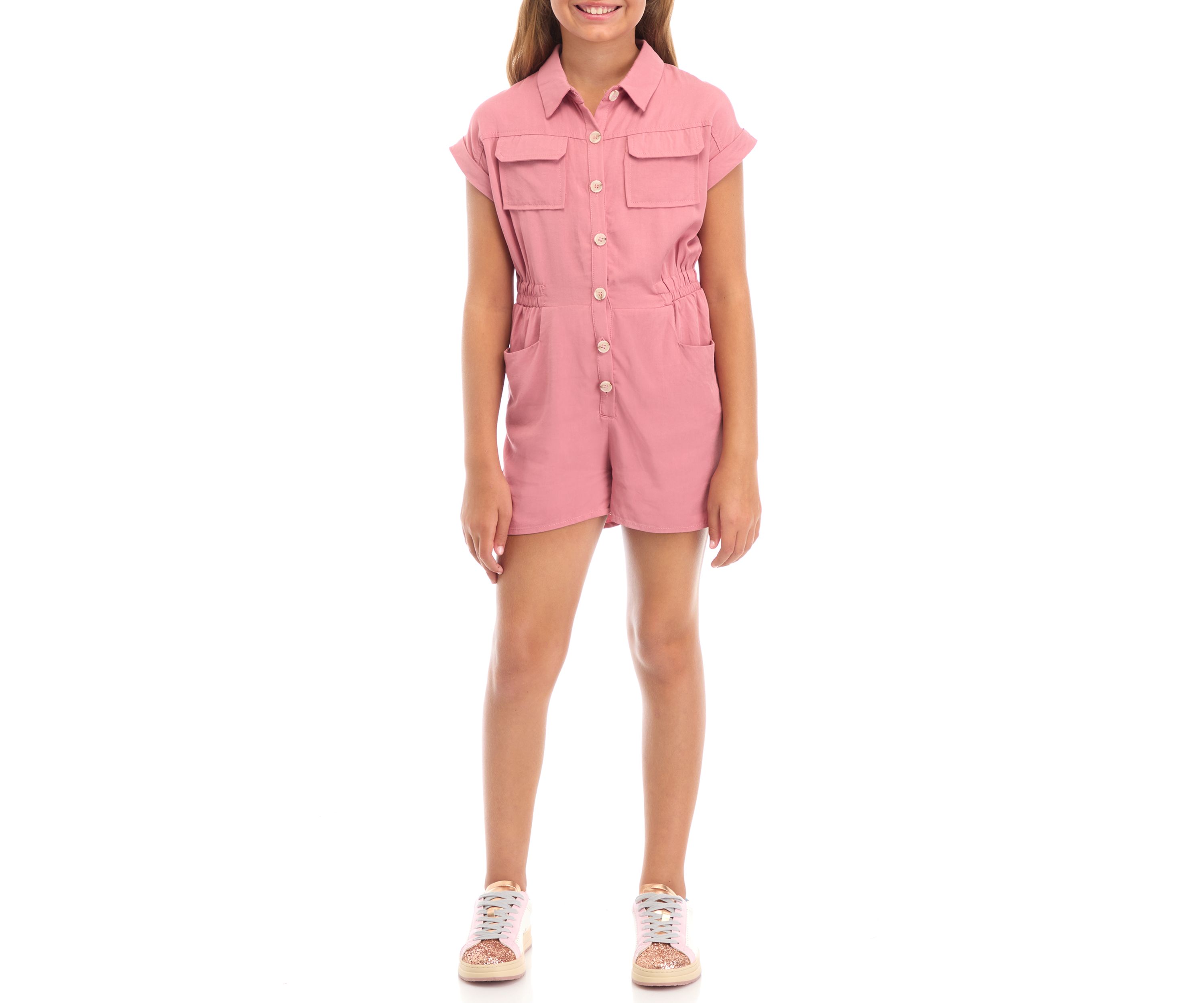 Girls 7-16 Elastic Detail Button Up Collared Romper
