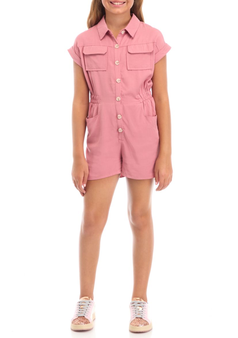 Girls 7-16 Elastic Detail Button Up Collared Romper