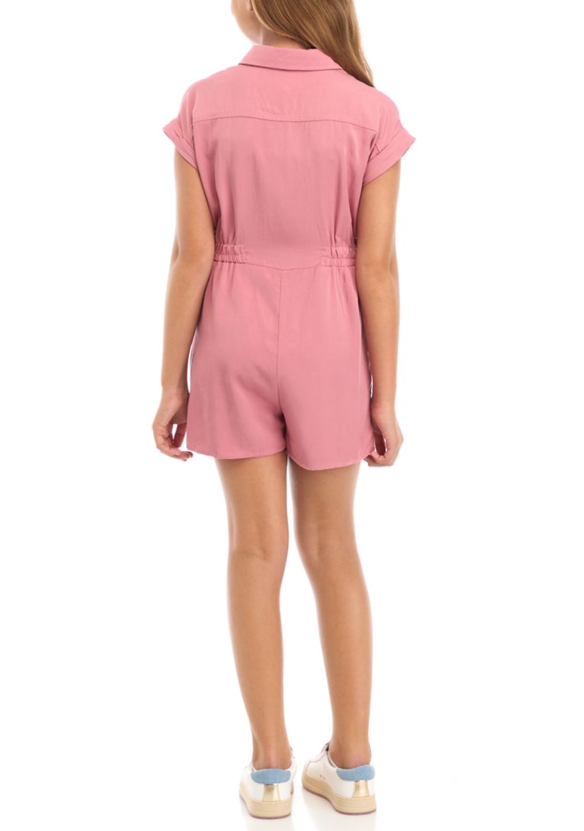 Girls 7-16 Elastic Detail Button Up Collared Romper
