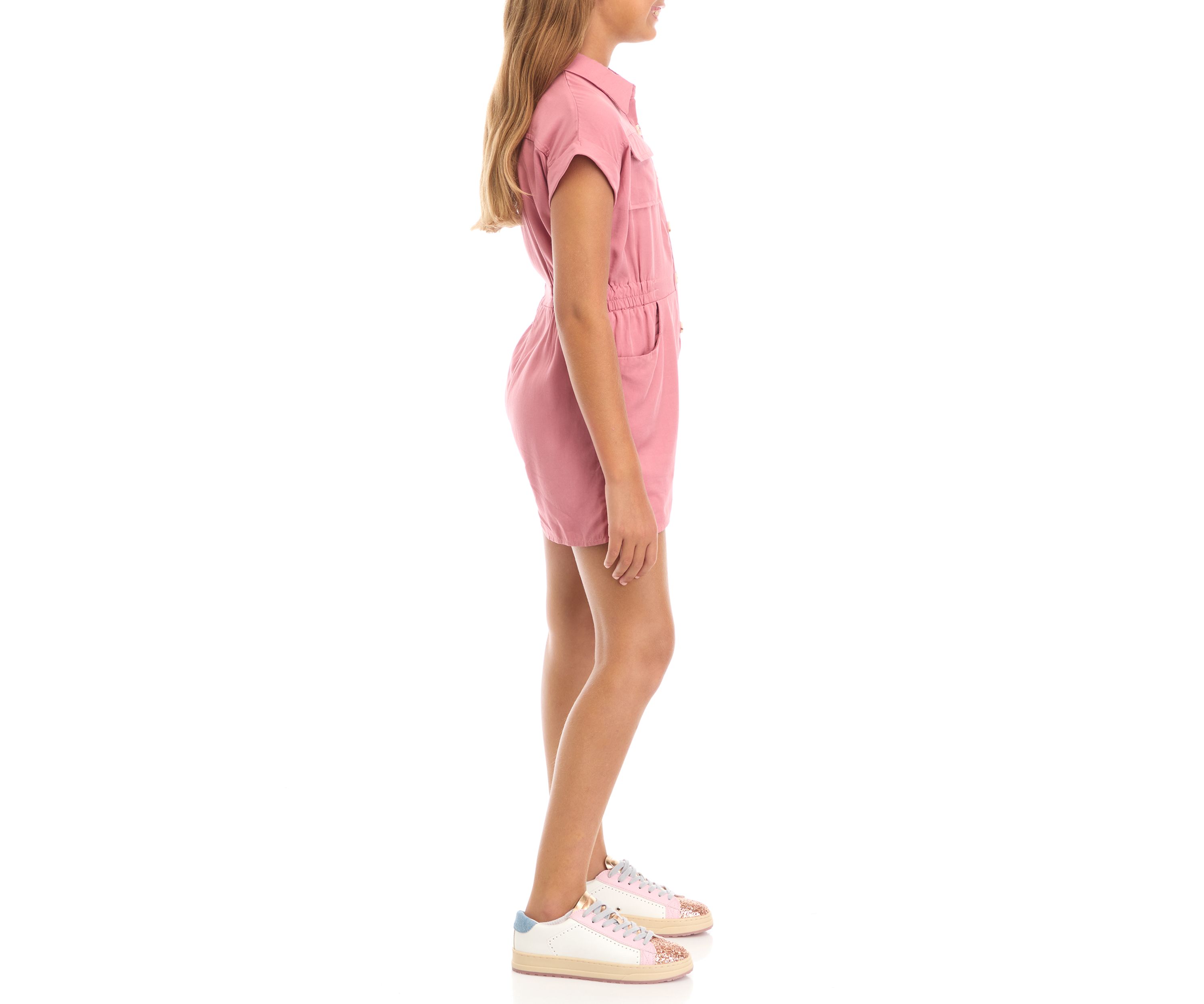 Girls 7-16 Elastic Detail Button Up Collared Romper