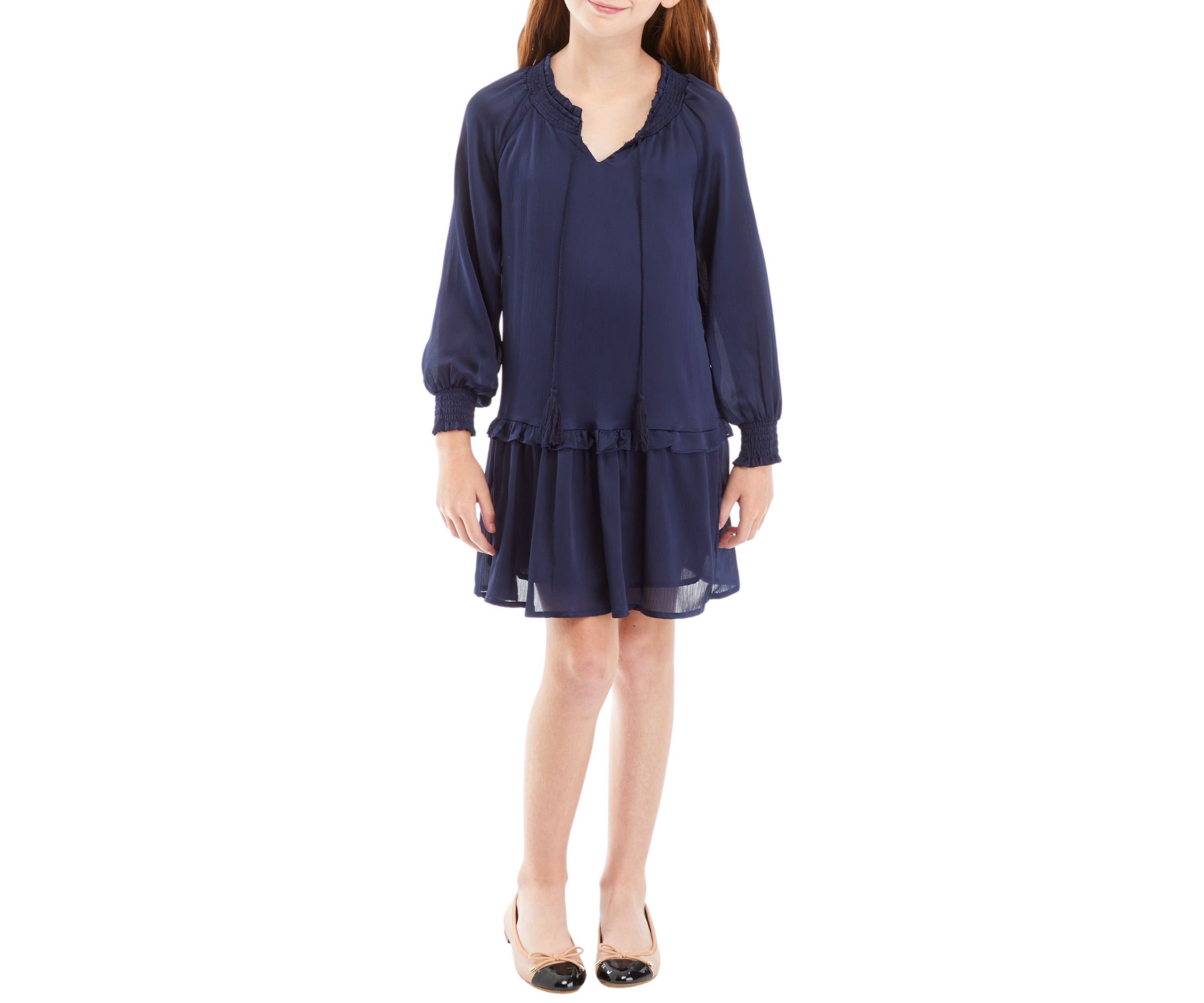 Girls 7-16 Smocked Cuff Tie Neck Dress