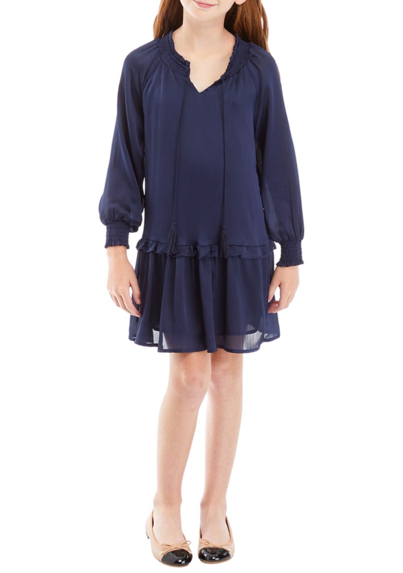 Girls 7-16 Smocked Cuff Tie Neck Dress