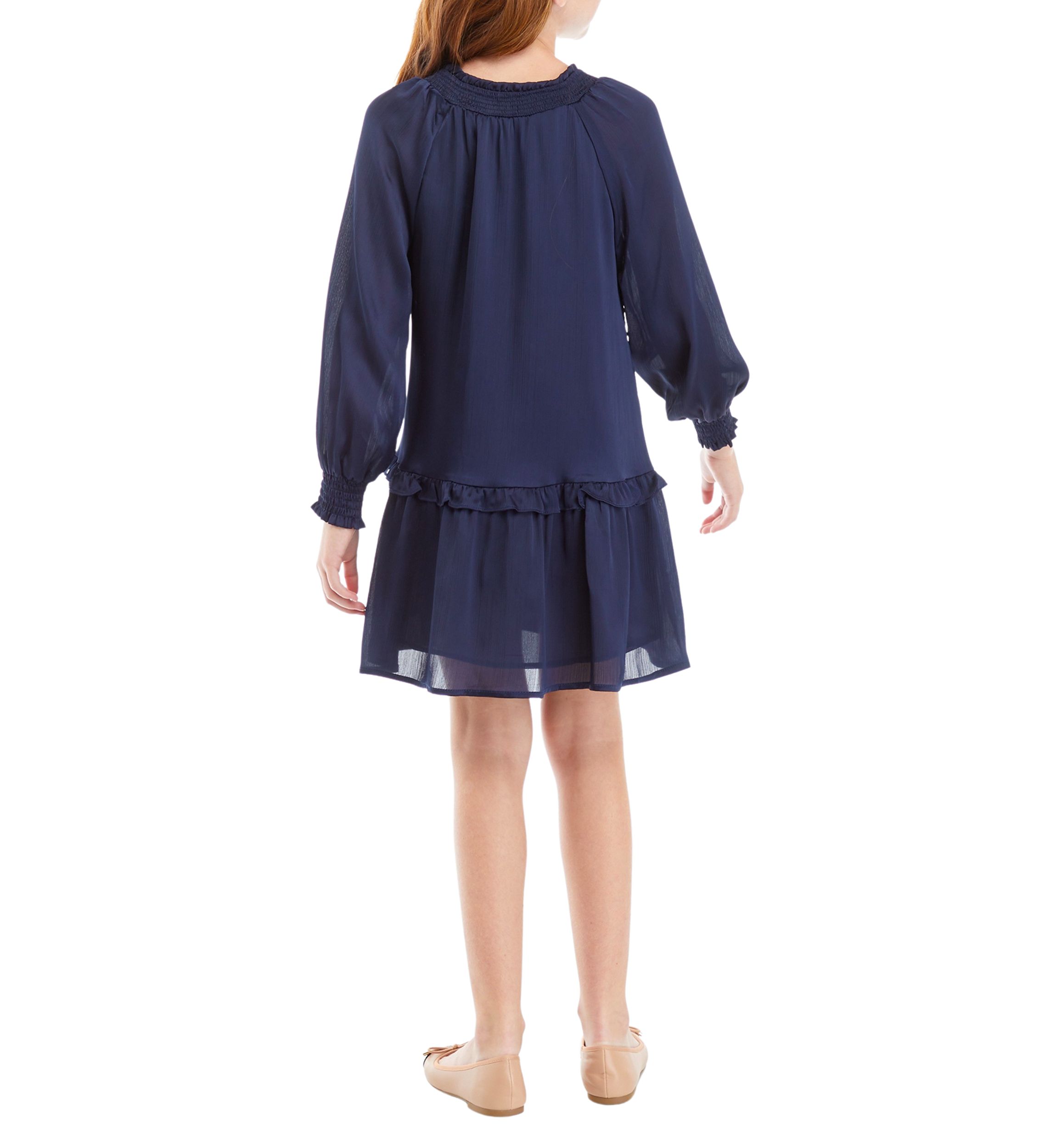 Girls 7-16 Smocked Cuff Tie Neck Dress