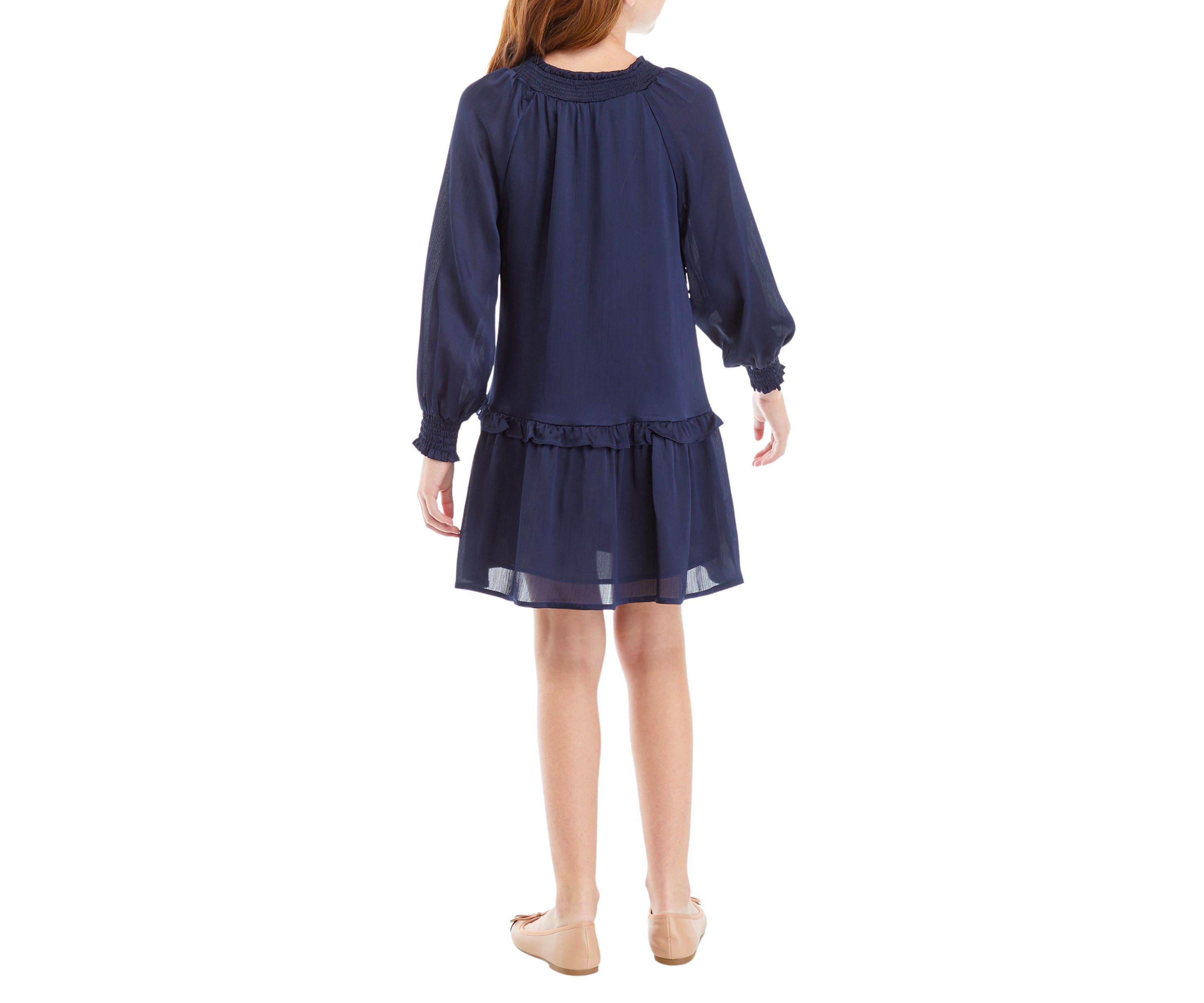 Girls 7-16 Smocked Cuff Tie Neck Dress
