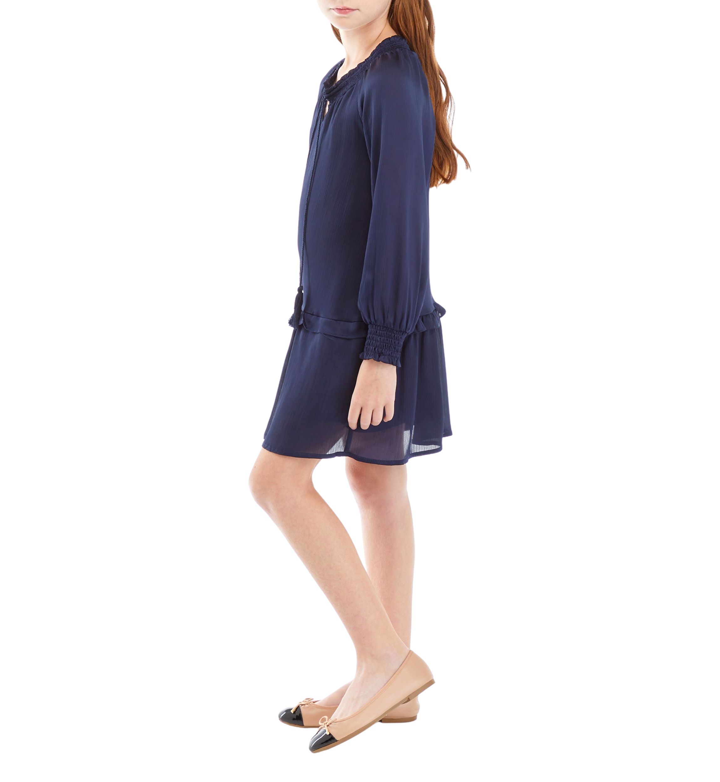 Girls 7-16 Smocked Cuff Tie Neck Dress