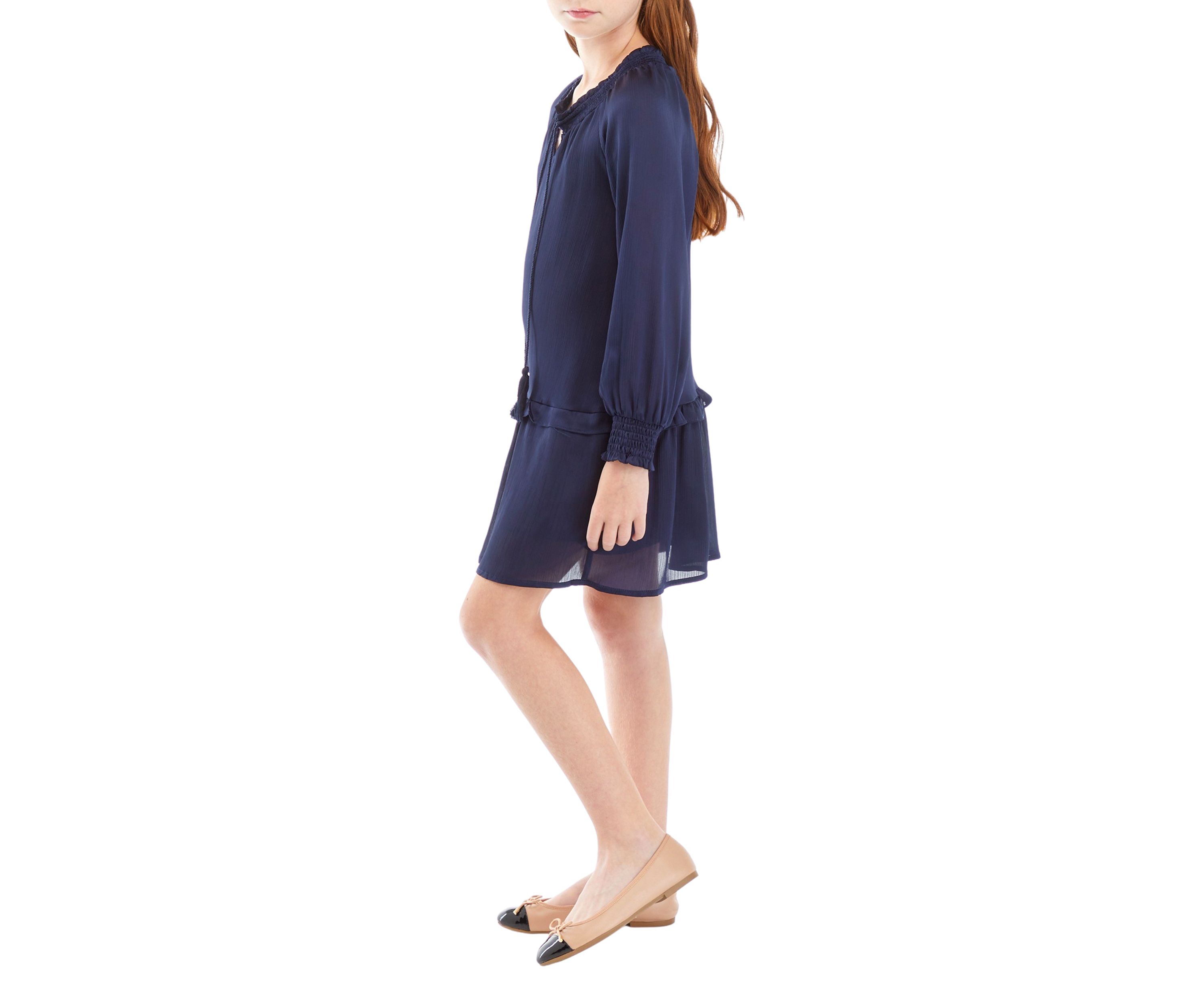 Girls 7-16 Smocked Cuff Tie Neck Dress