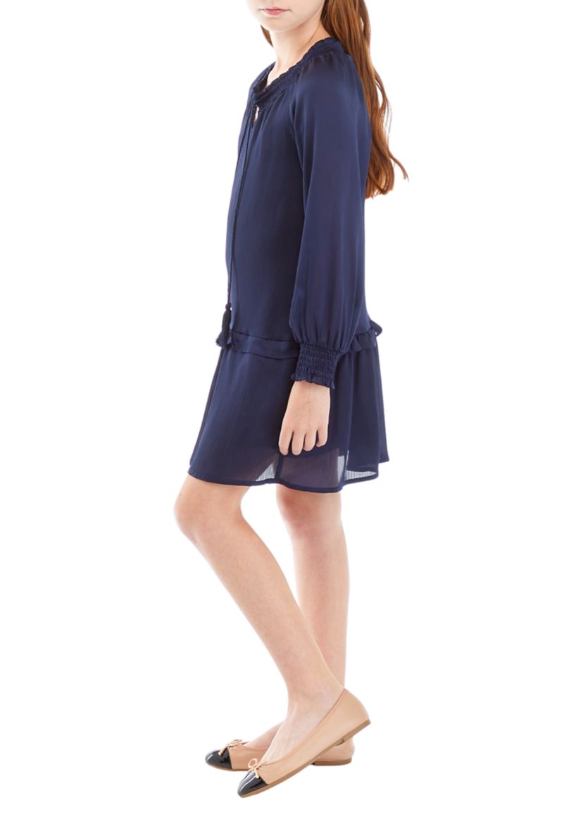 Girls 7-16 Smocked Cuff Tie Neck Dress
