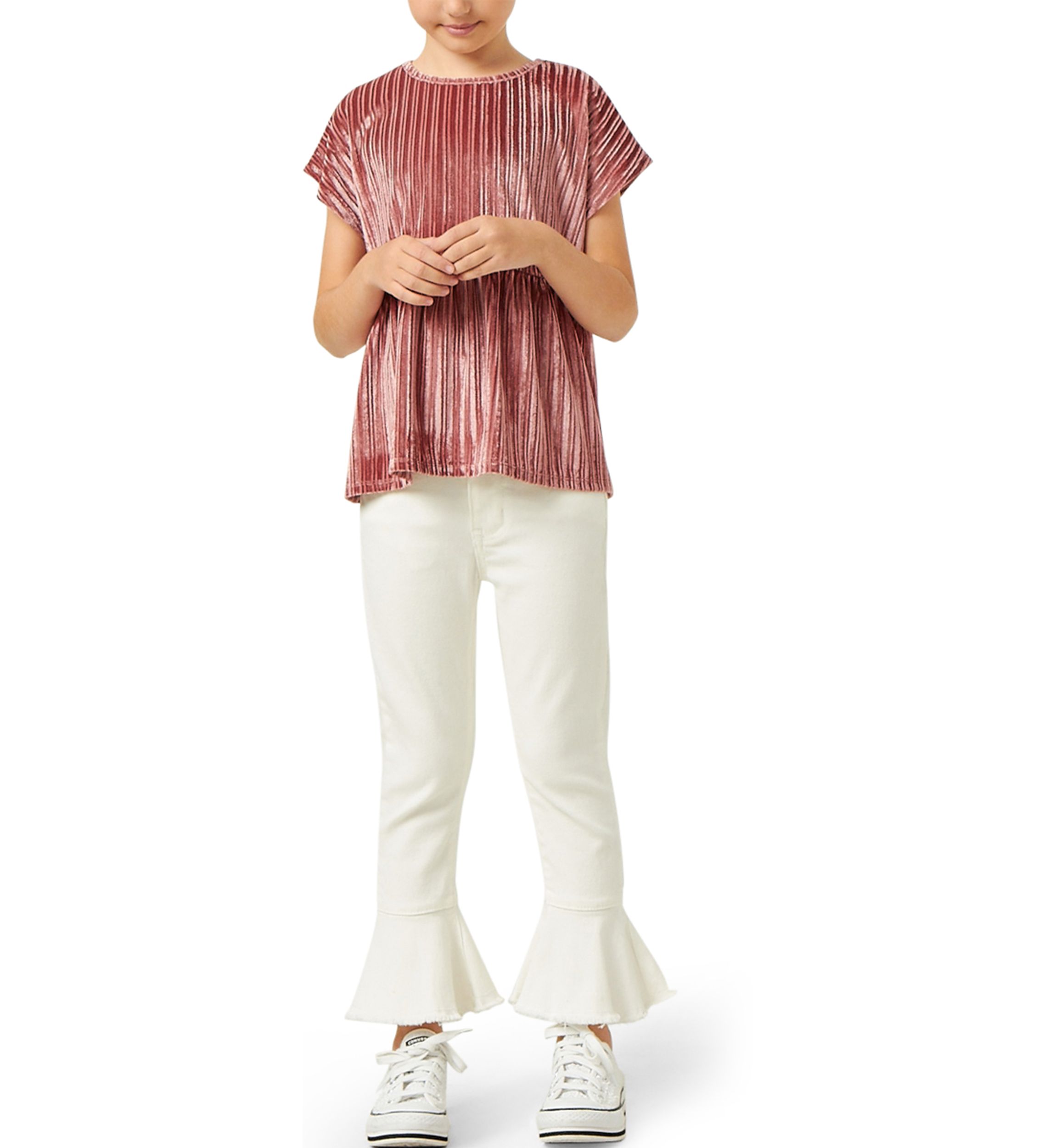 Girls 7-16 Ribbed Velvet Round Neck Top