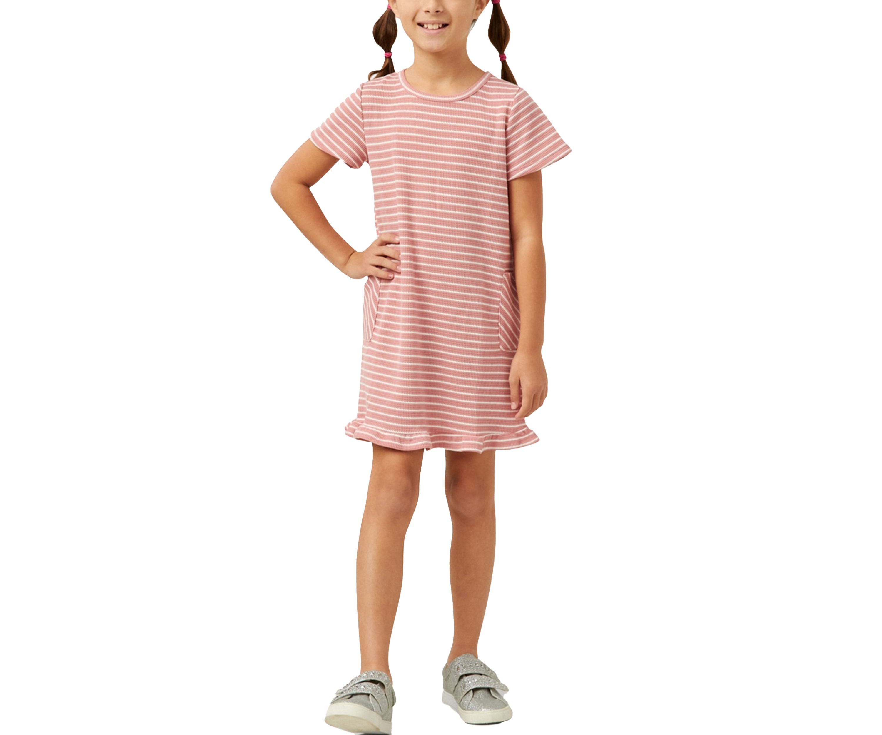 Girls 7-16 Waffle Knit Stripe Dress with Ruffle Hem