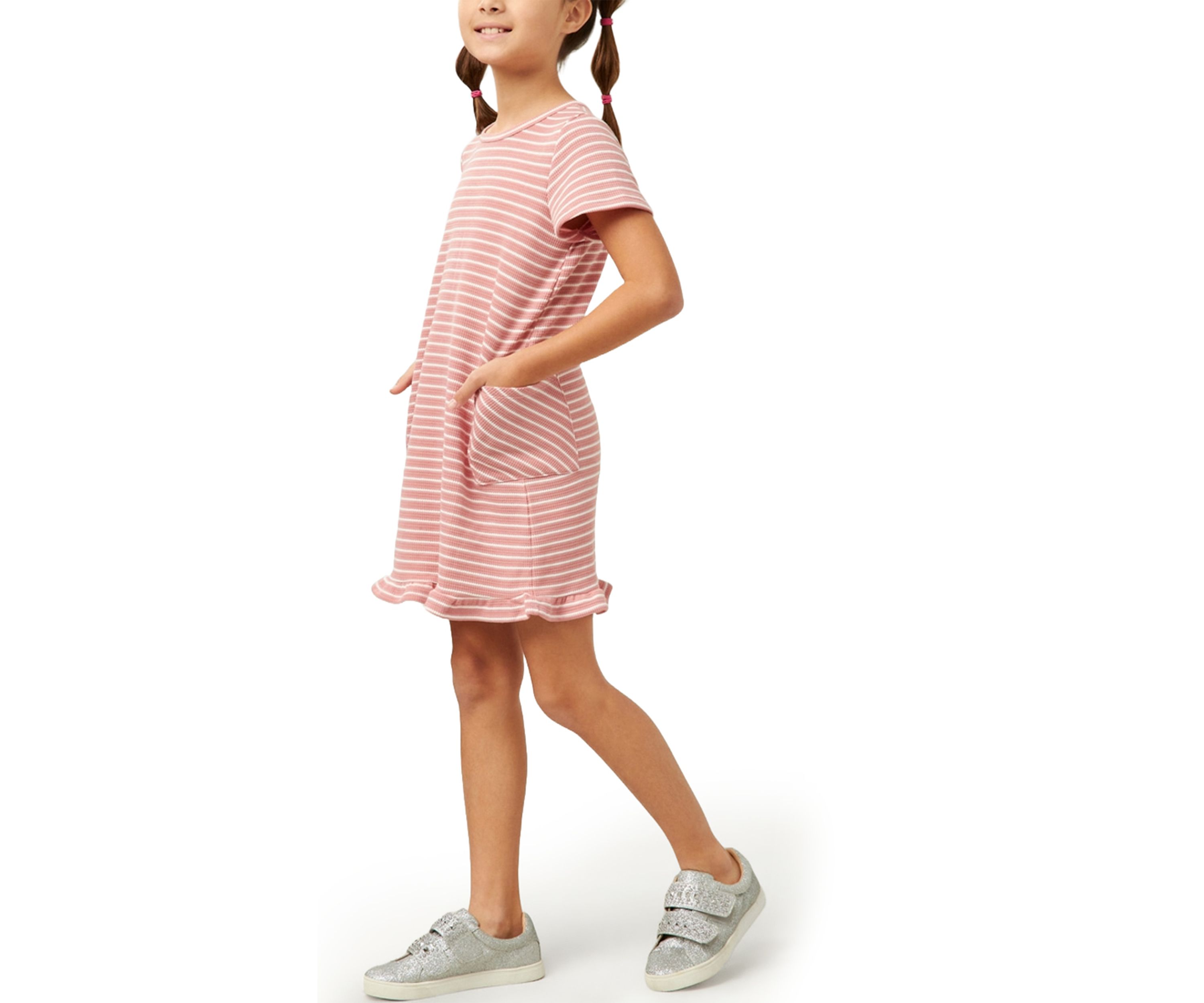 Girls 7-16 Waffle Knit Stripe Dress with Ruffle Hem