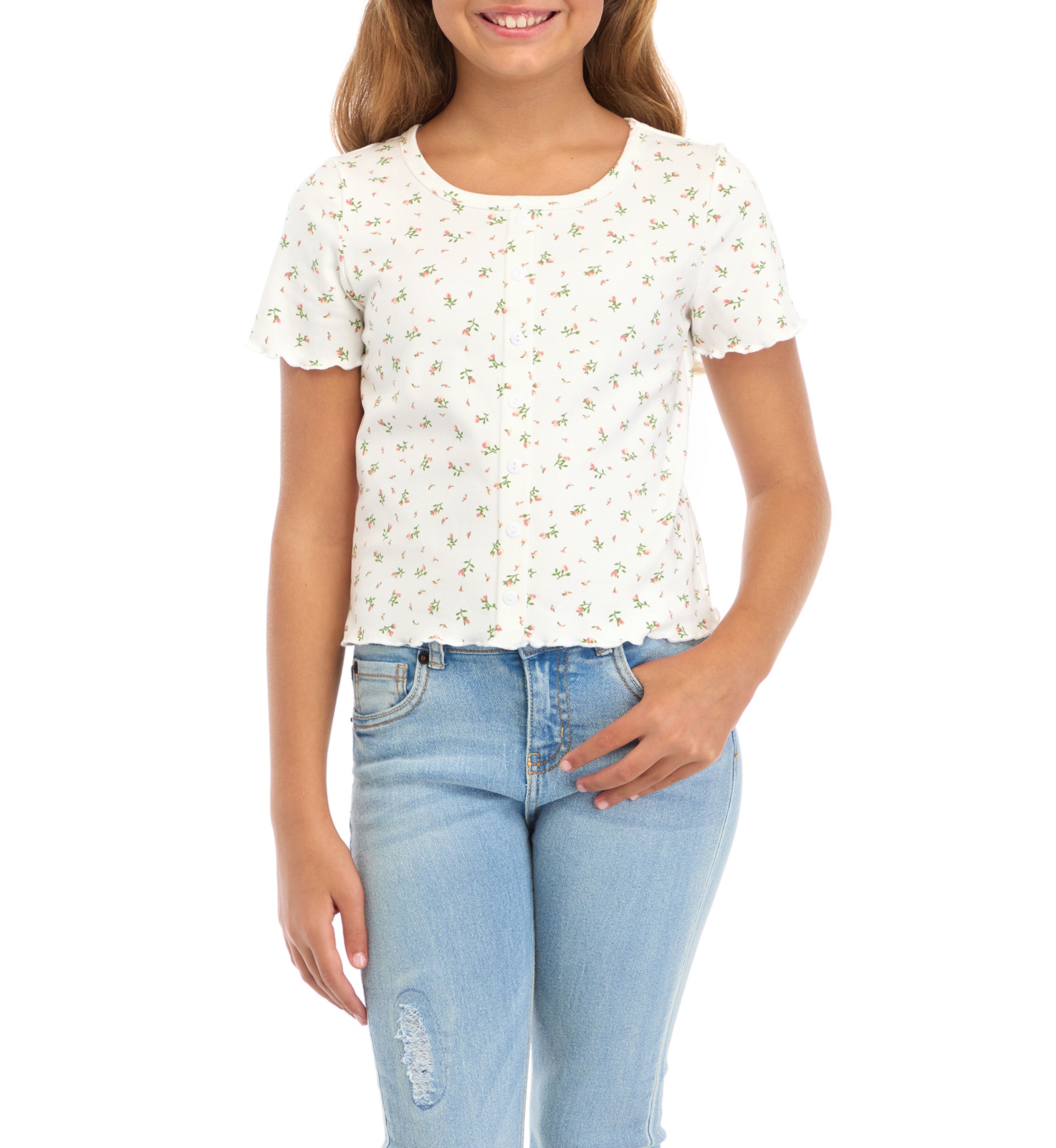 Girls 7-16 Button Detail Ditsy Floral Knit T-Shirt