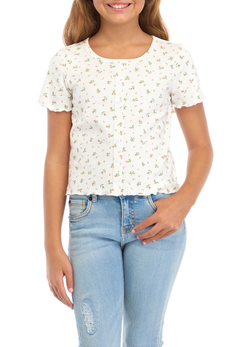 Girls 7-16 Button Detail Ditsy Floral Knit T-Shirt