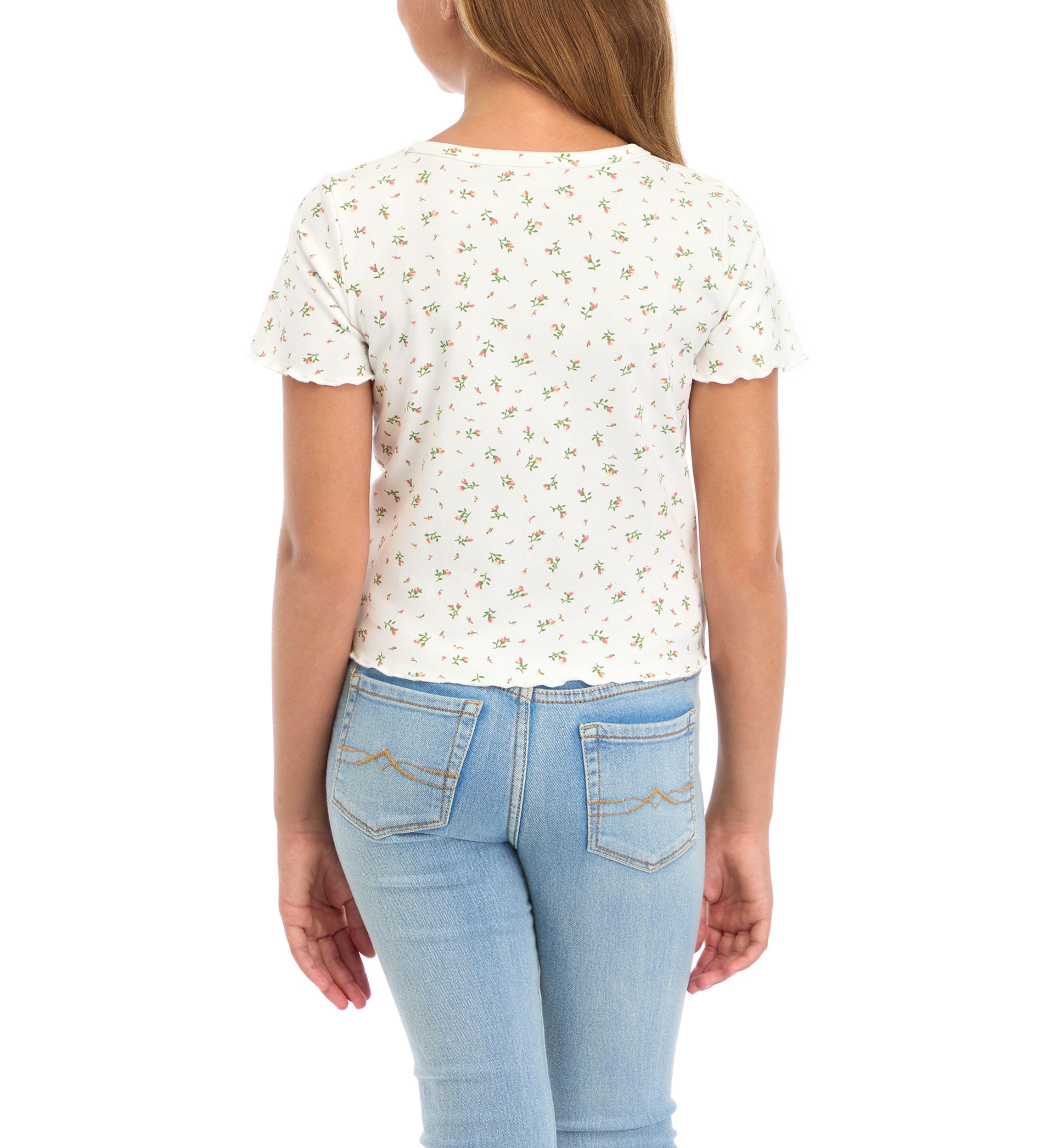 Girls 7-16 Button Detail Ditsy Floral Knit T-Shirt