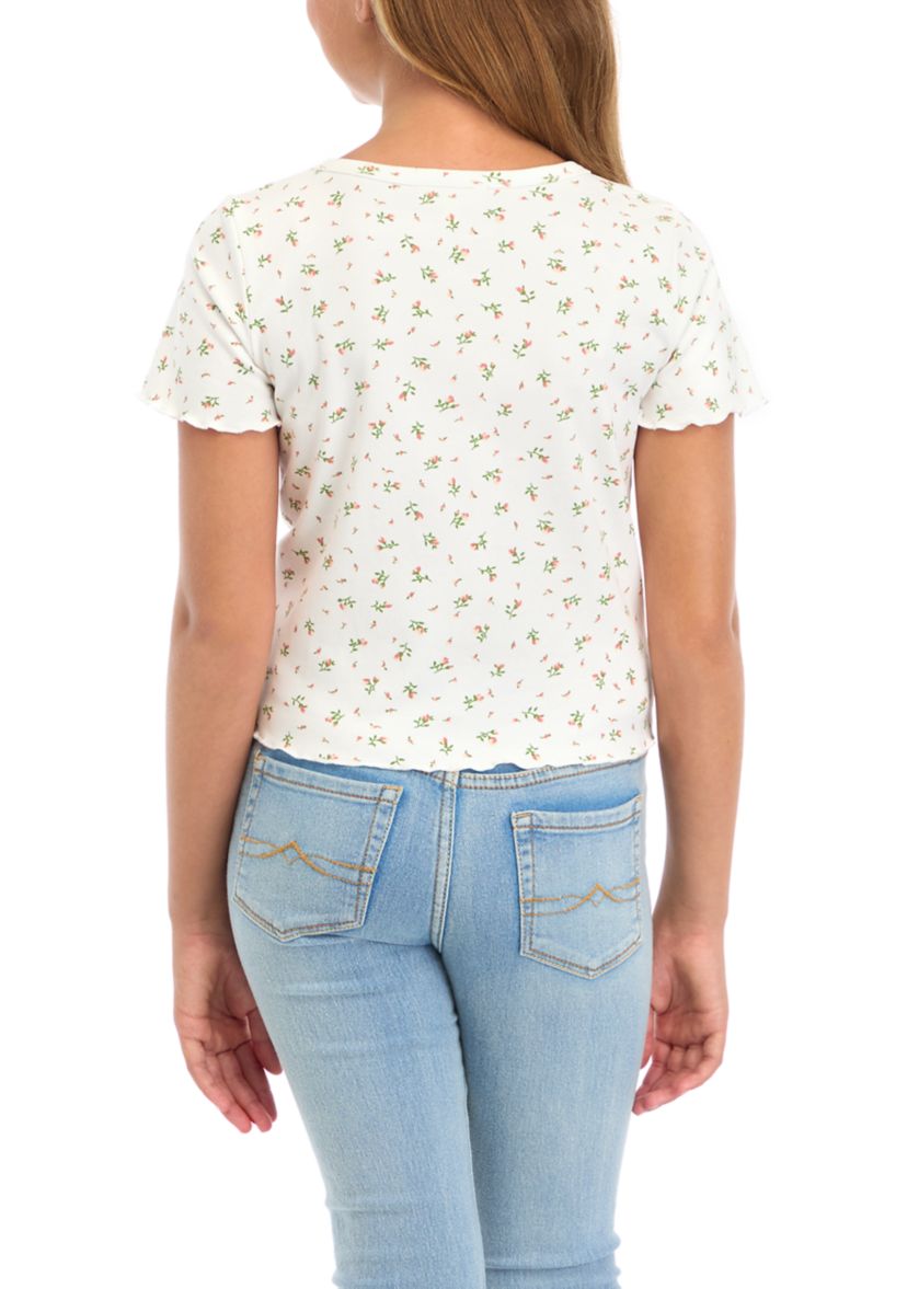 Girls 7-16 Button Detail Ditsy Floral Knit T-Shirt