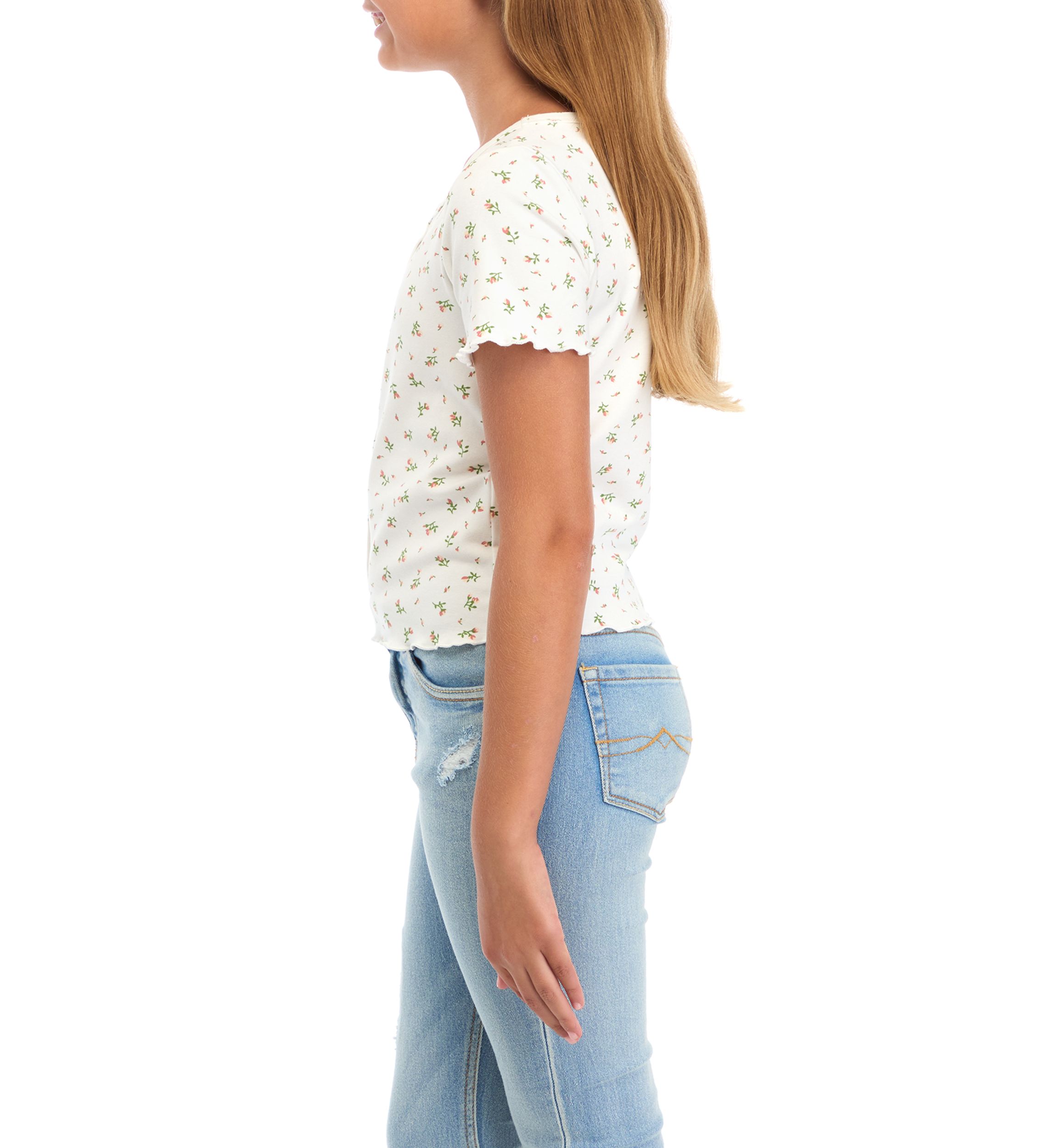 Girls 7-16 Button Detail Ditsy Floral Knit T-Shirt