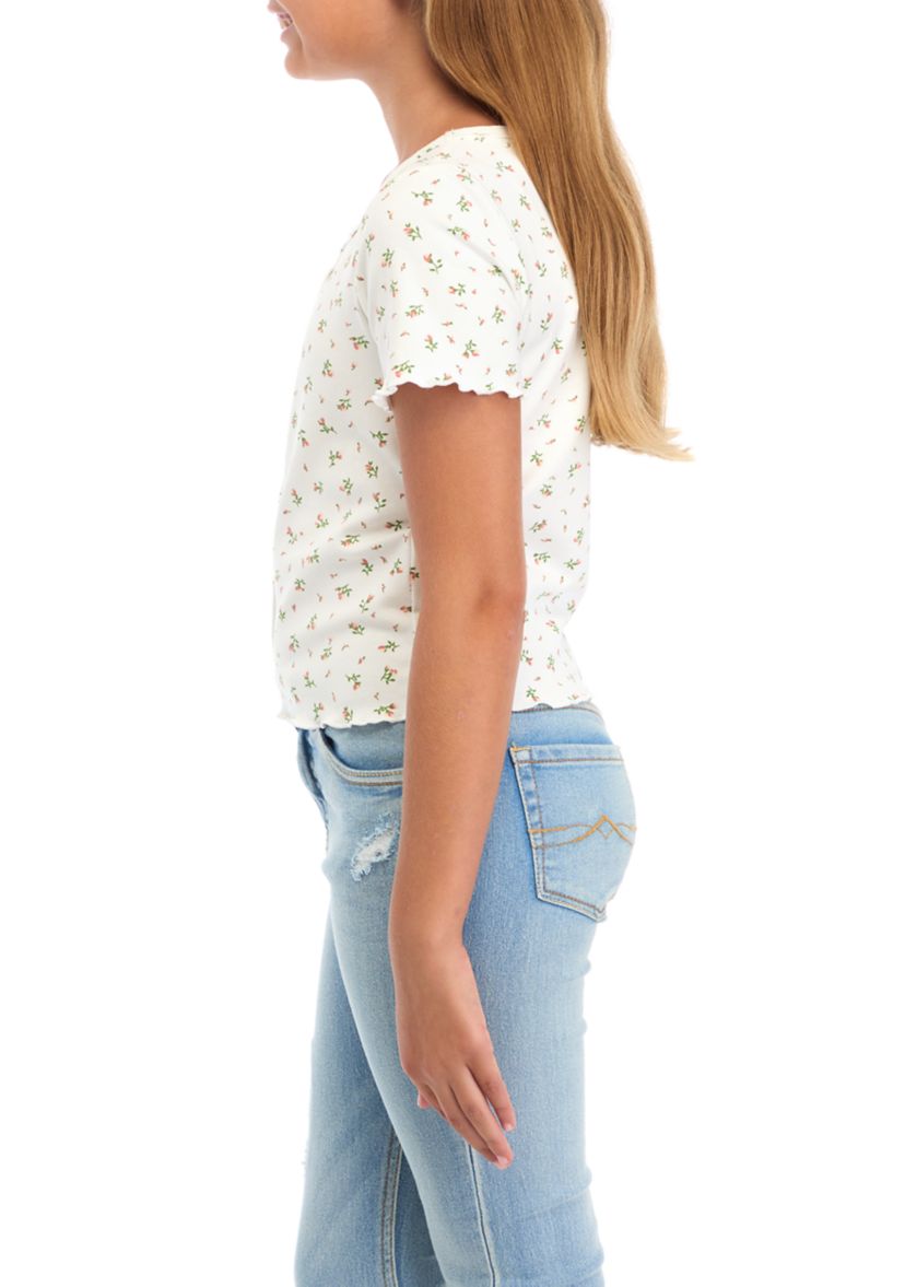 Girls 7-16 Button Detail Ditsy Floral Knit T-Shirt