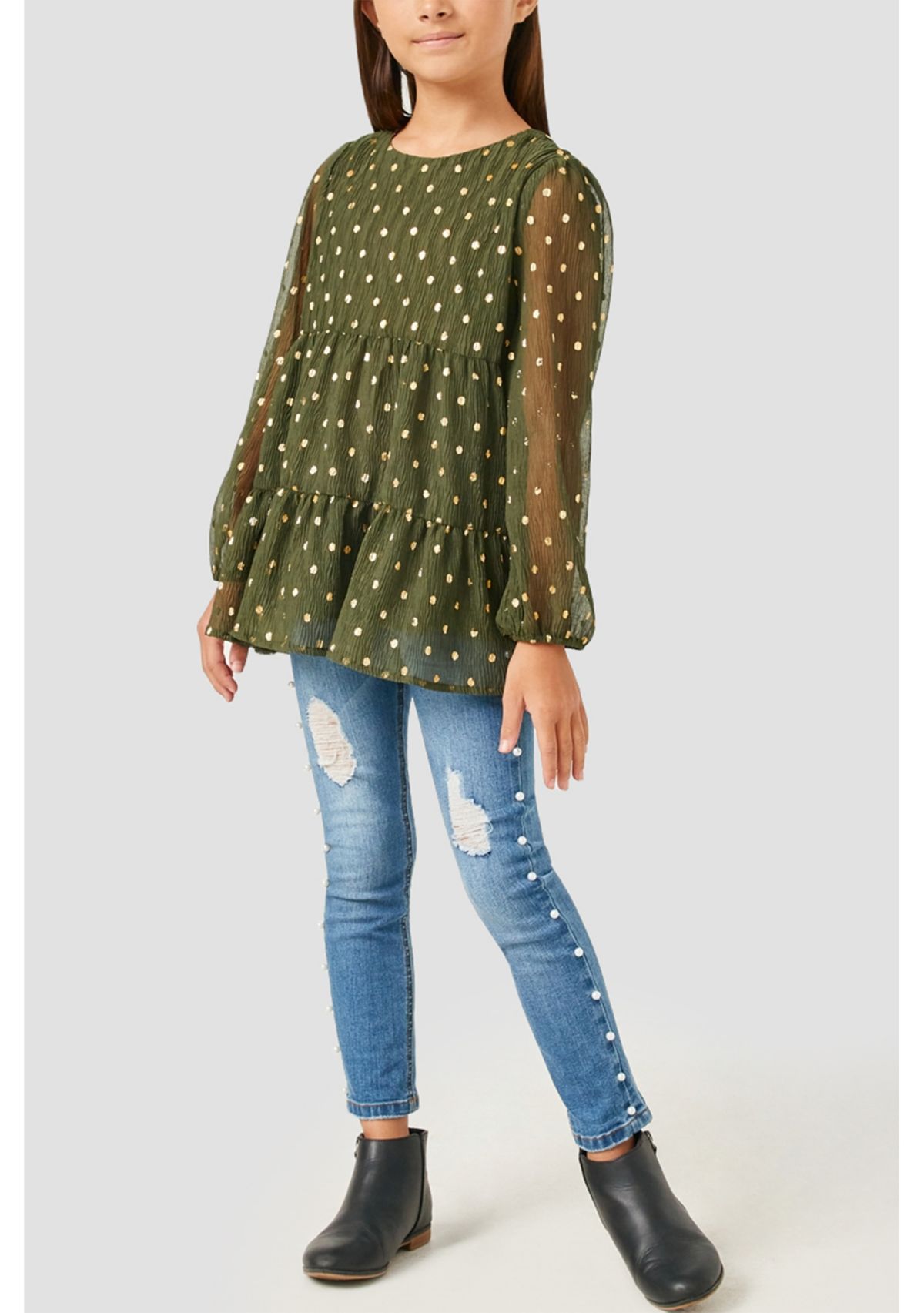 Girls 7-16 Metallic Dot Tiered Tunic Top
