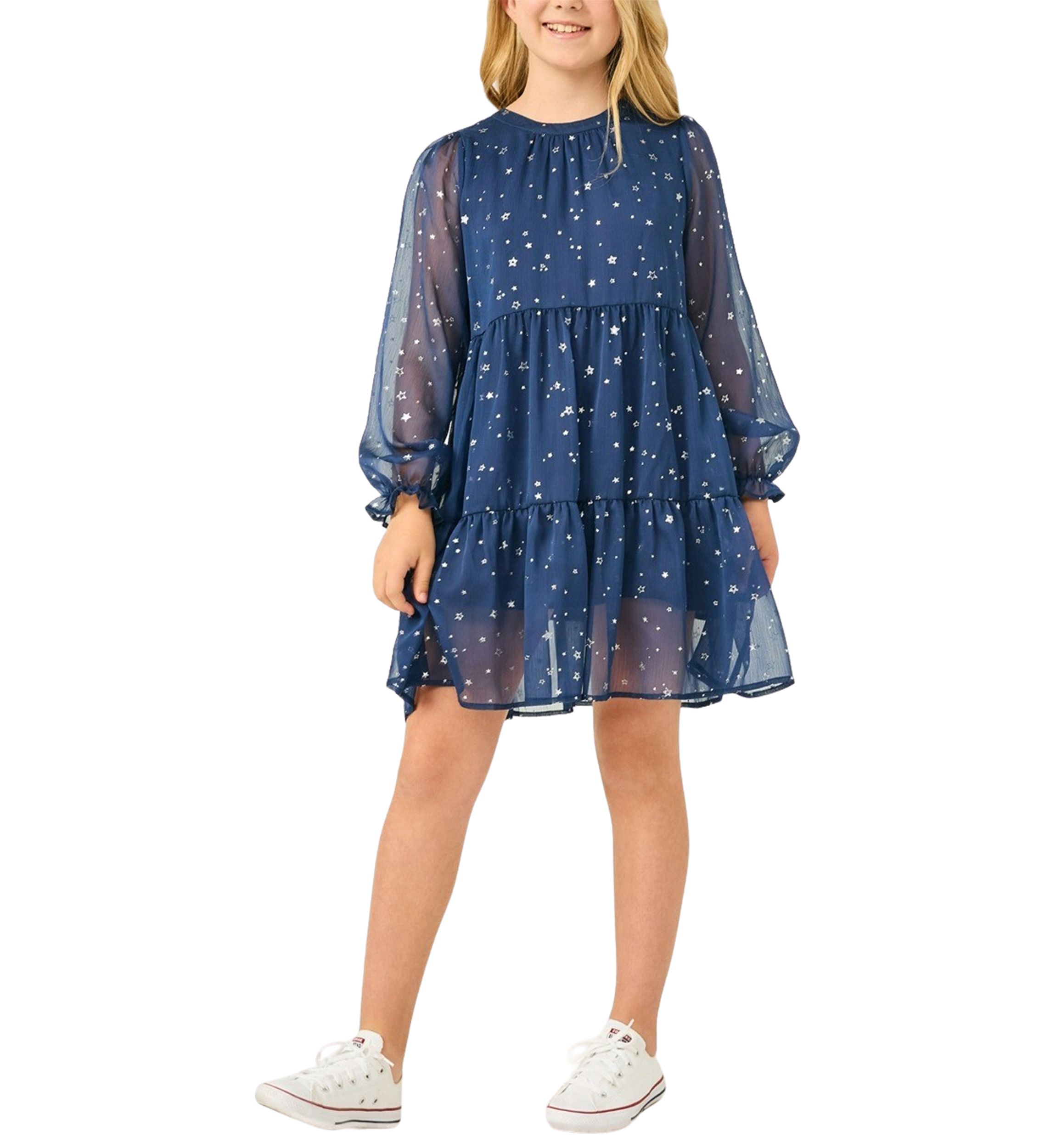 Girls 7-16 Sheer Foil Star Printed Dress