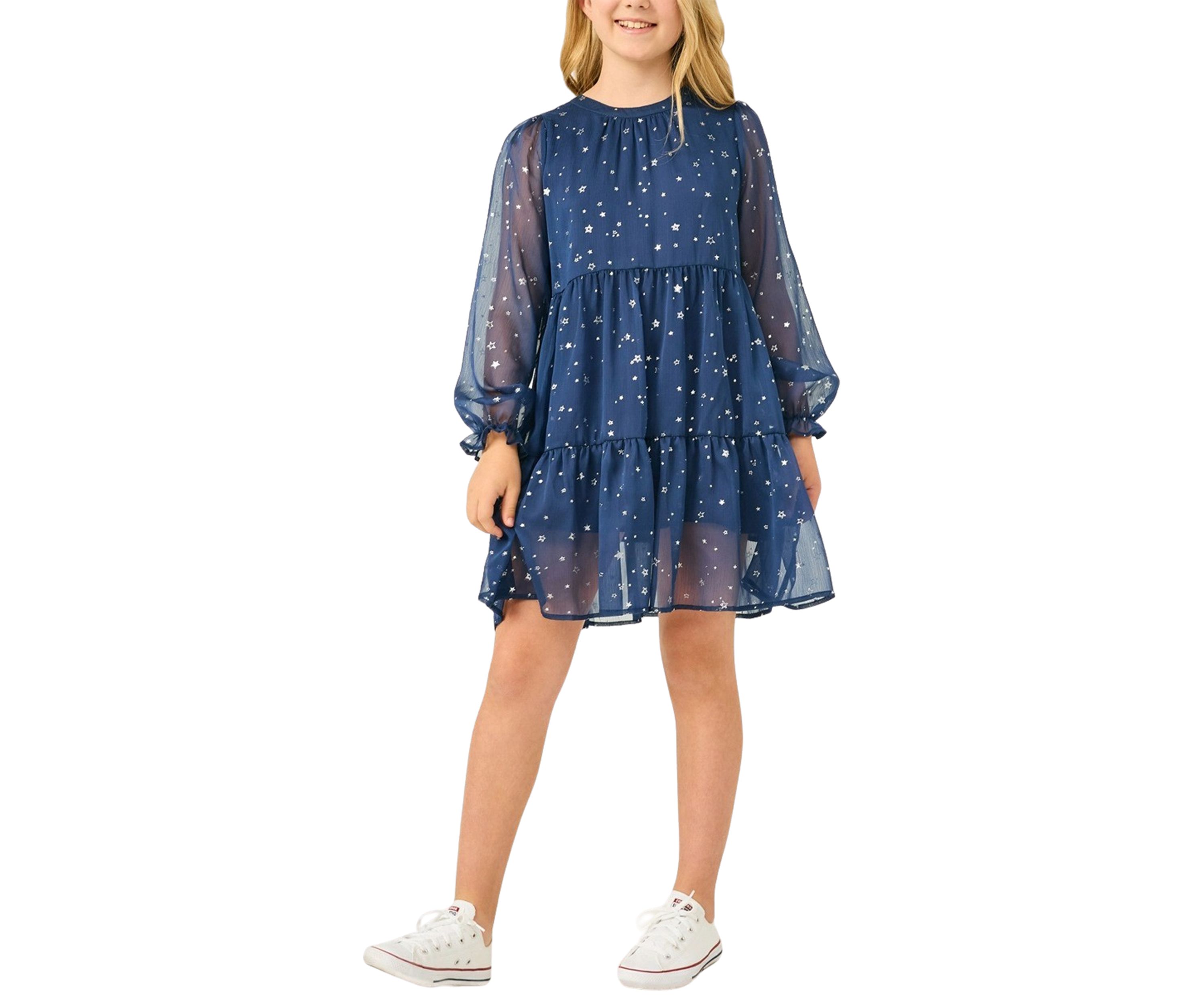 Girls 7-16 Sheer Foil Star Printed Dress