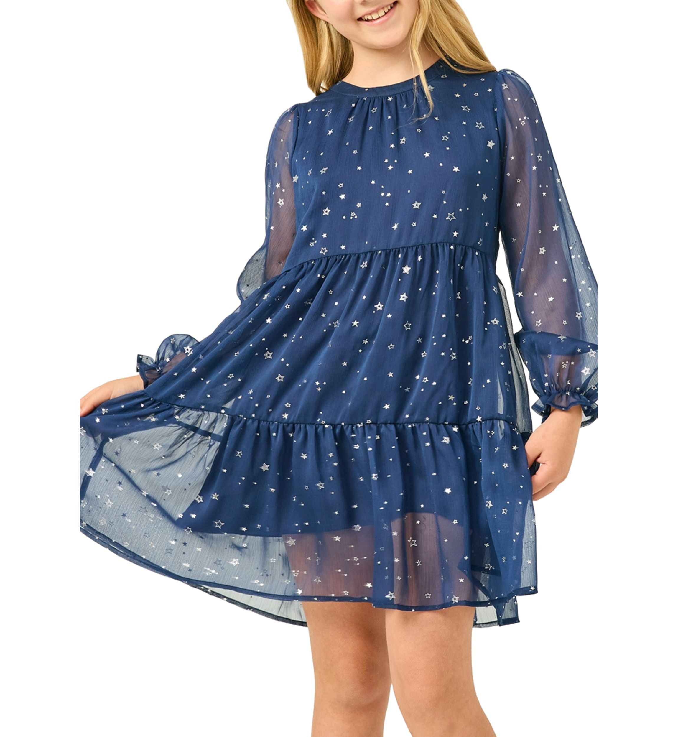 Girls 7-16 Sheer Foil Star Printed Dress