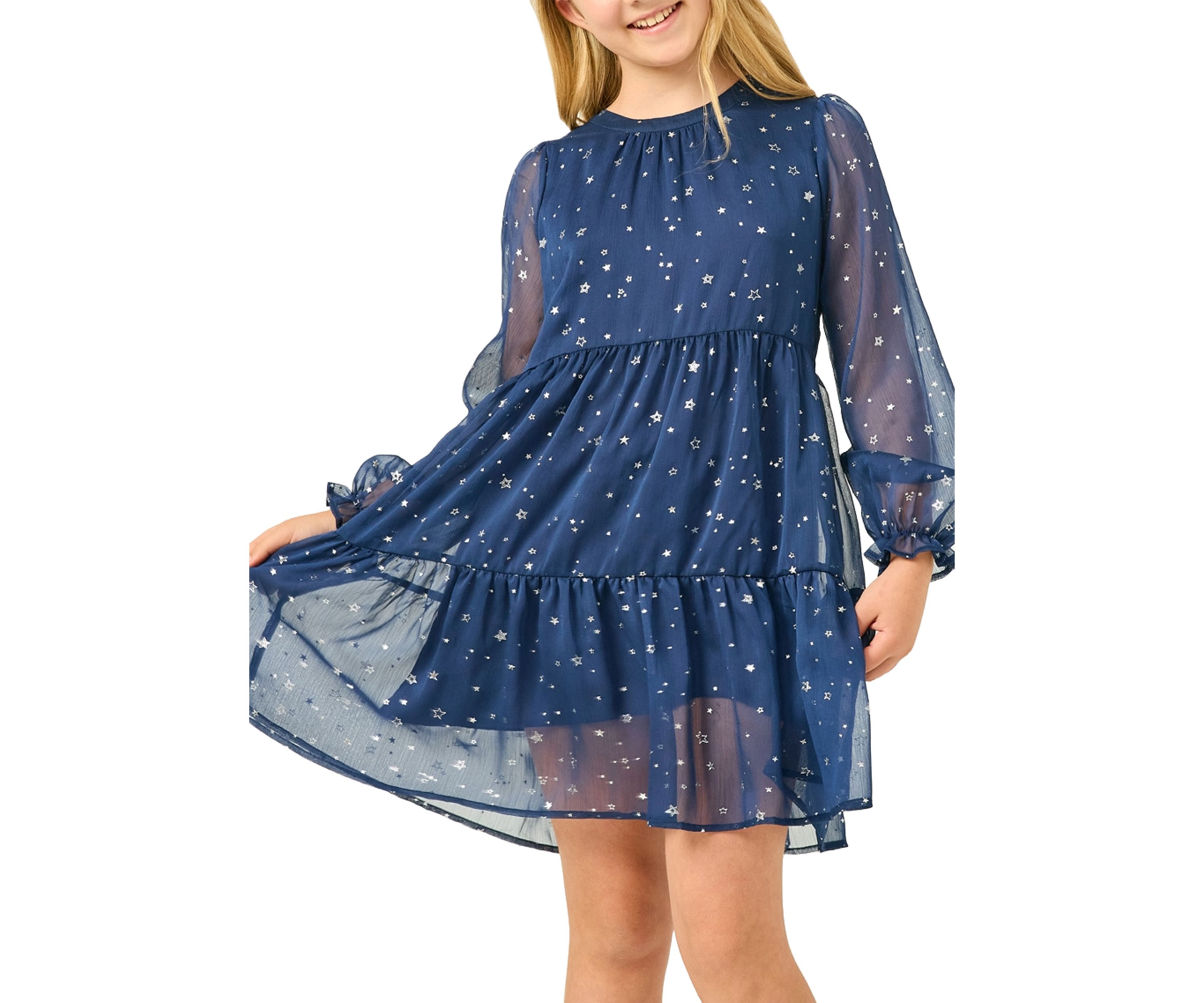 Girls 7-16 Sheer Foil Star Printed Dress