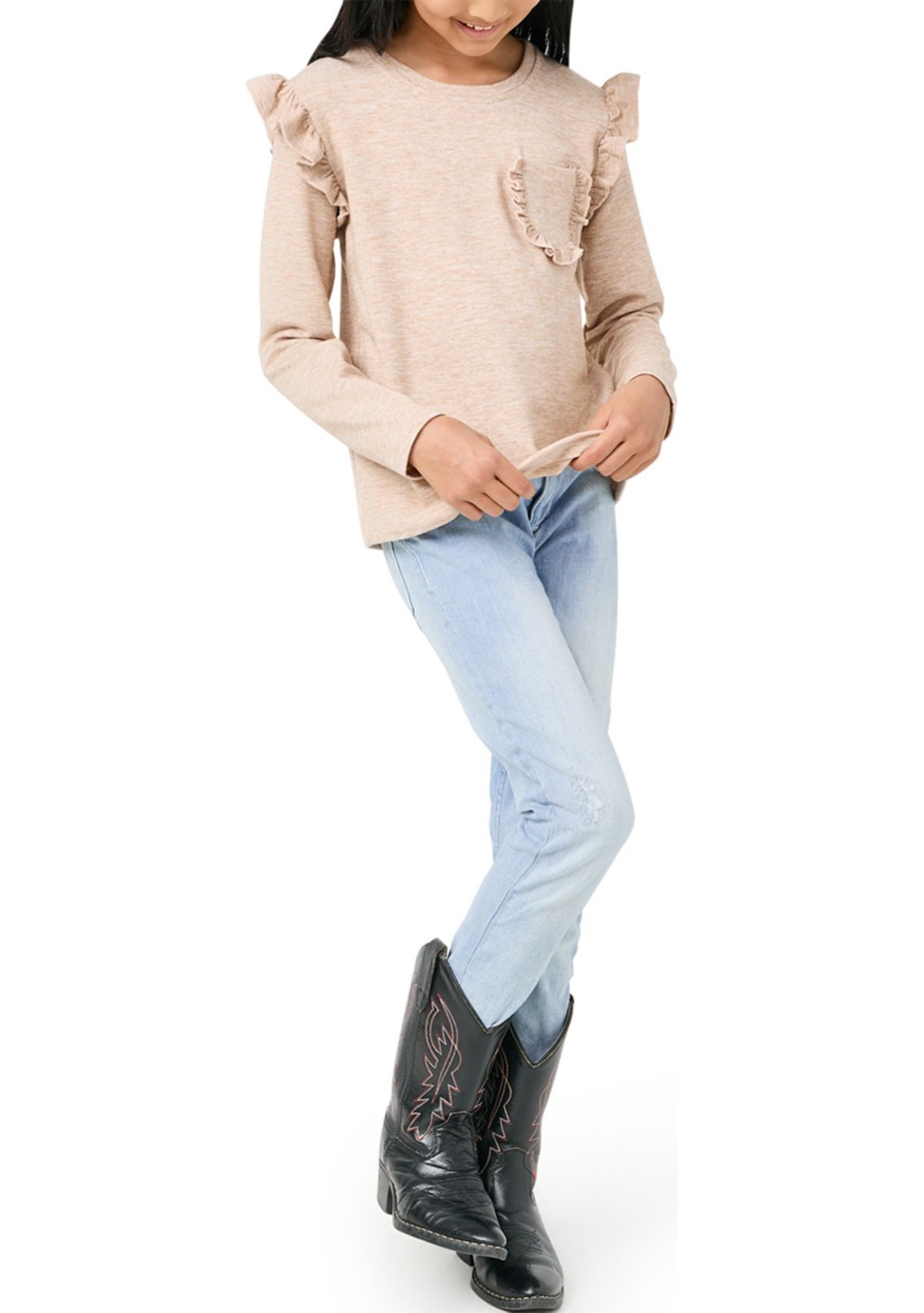 Girls 7-16 Ruffled Long Sleeve Pocket Top