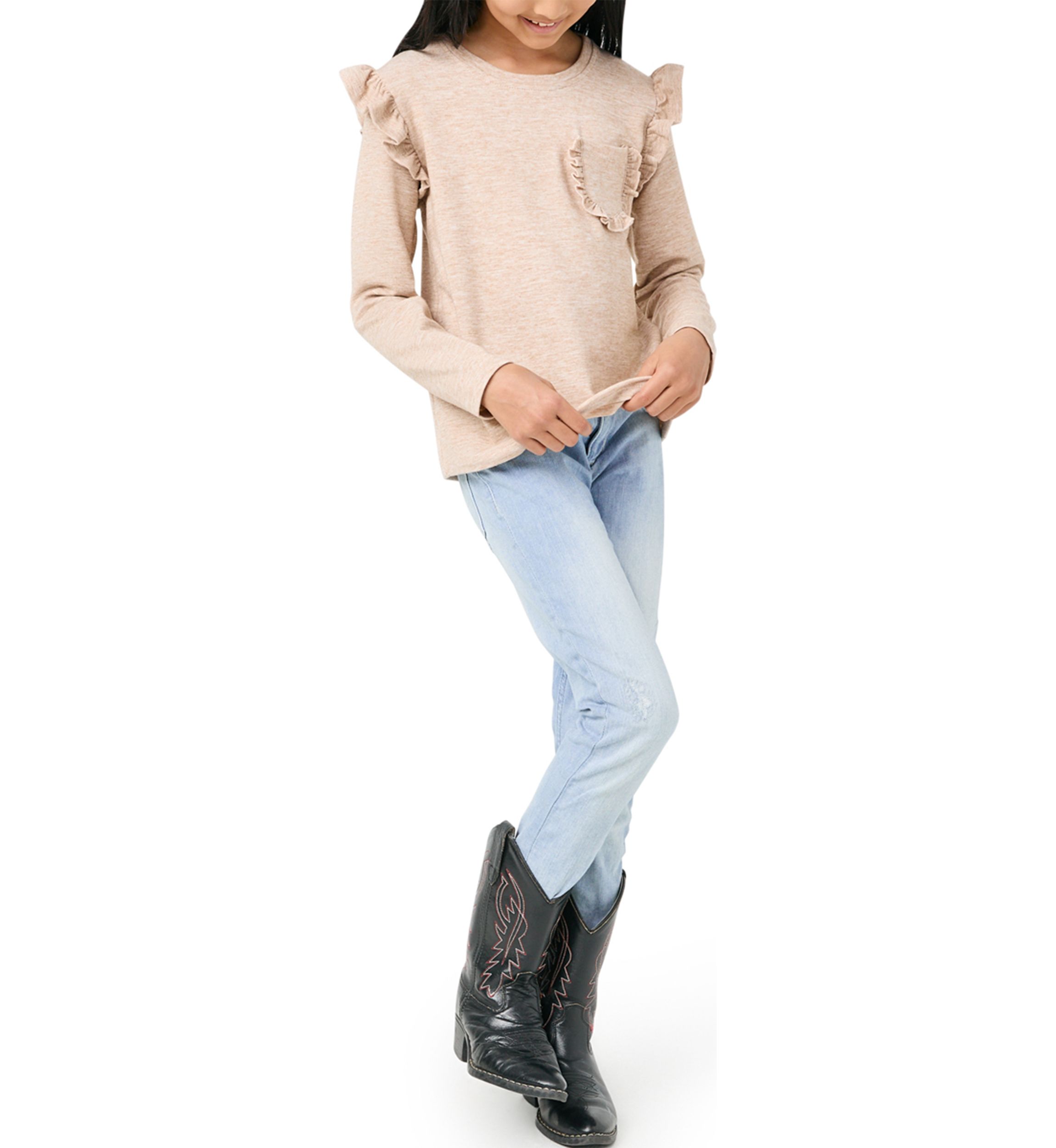 Girls 7-16 Ruffled Long Sleeve Pocket Top