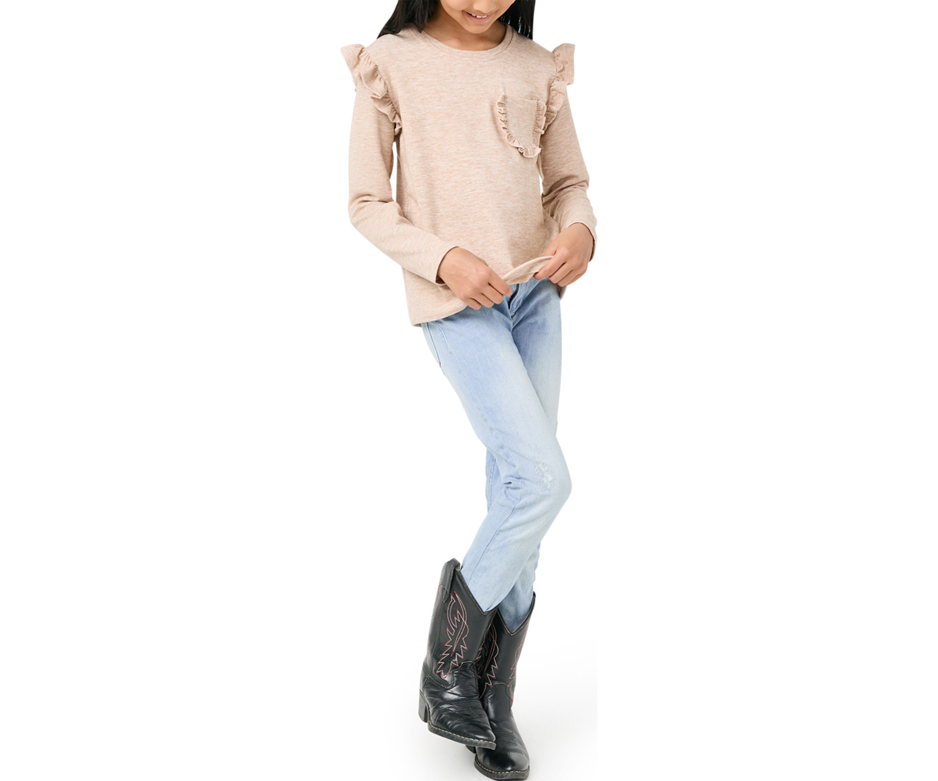 Girls 7-16 Ruffled Long Sleeve Pocket Top